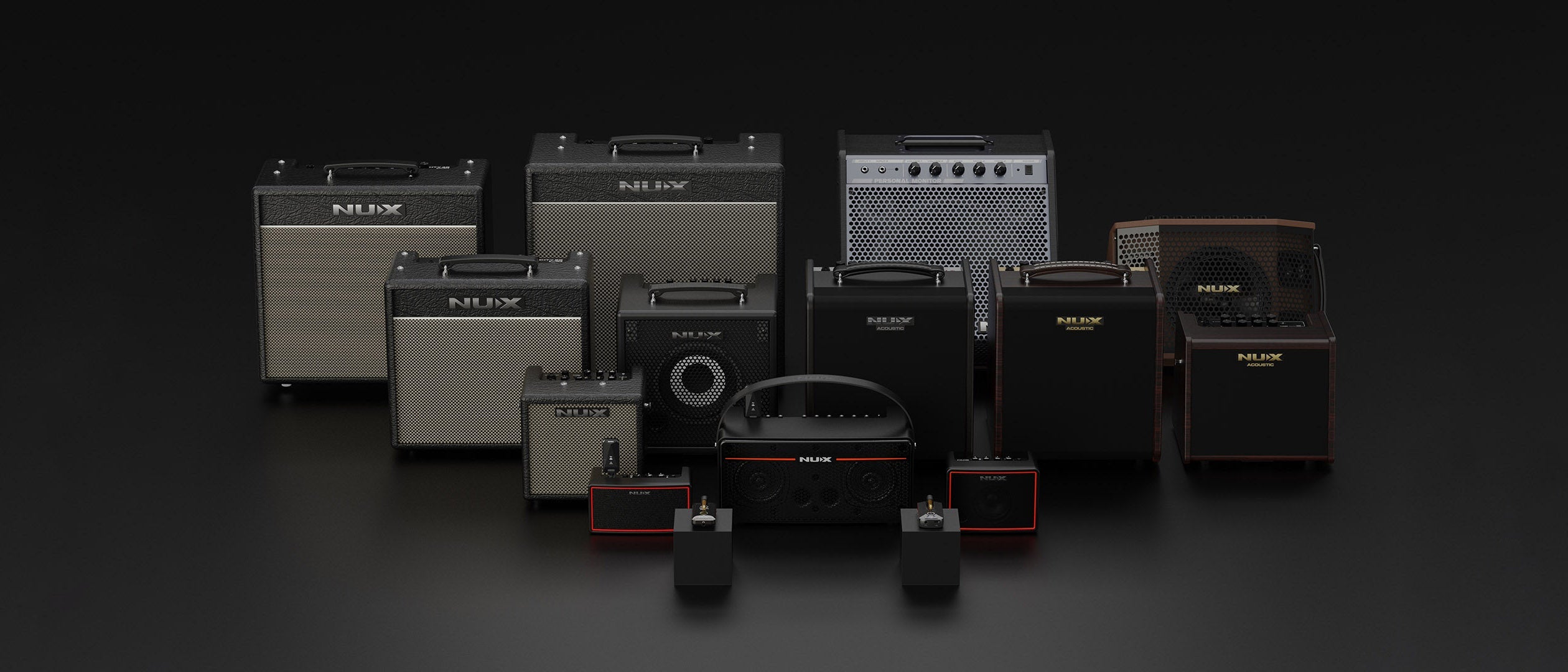 lineup of NUX amplifiers for electric guitars and bass ranging from small to big