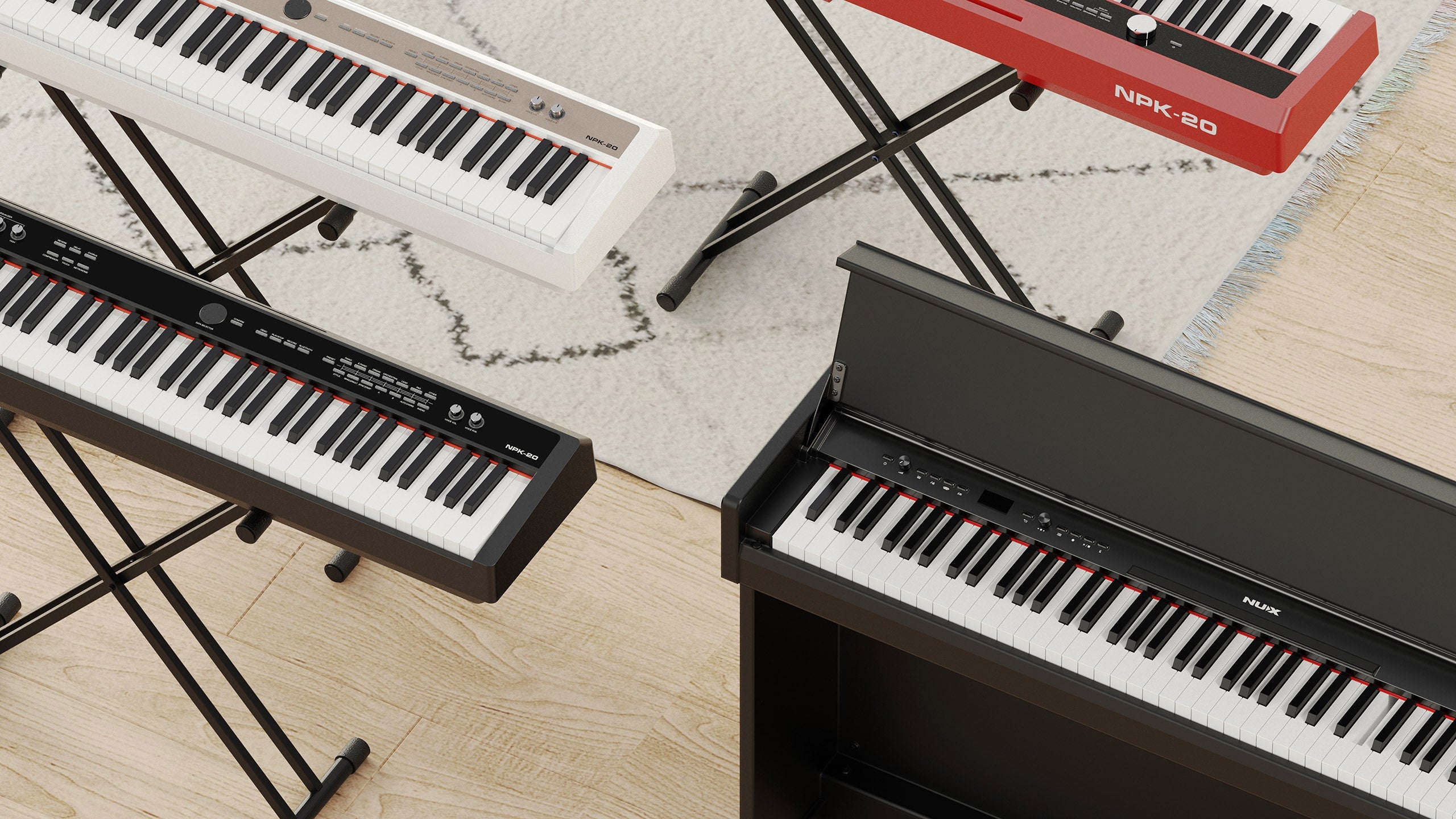 array of NUX digital pianos in a living room.