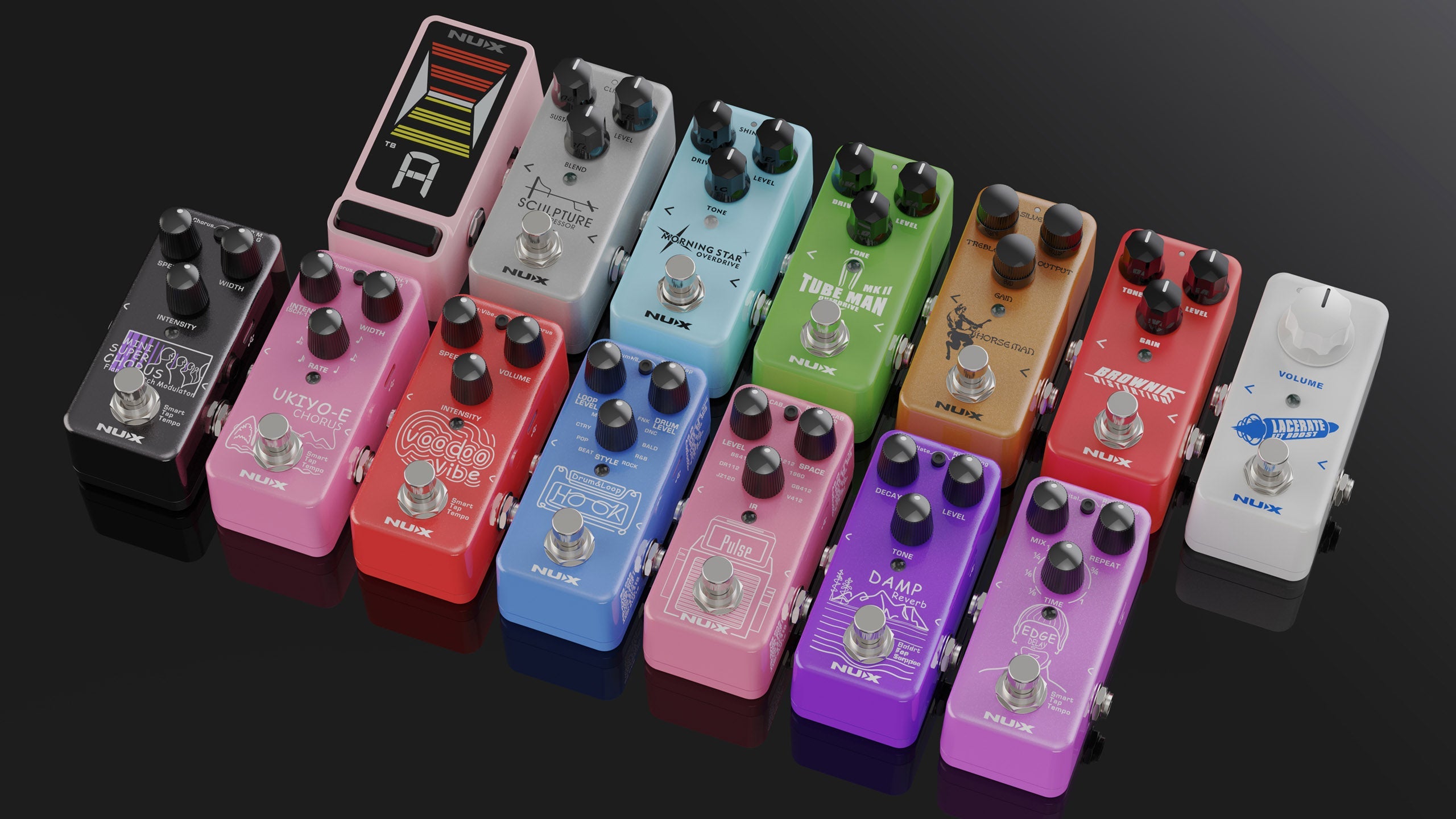 Array of NUX mini core stompboxes for electric guitars.