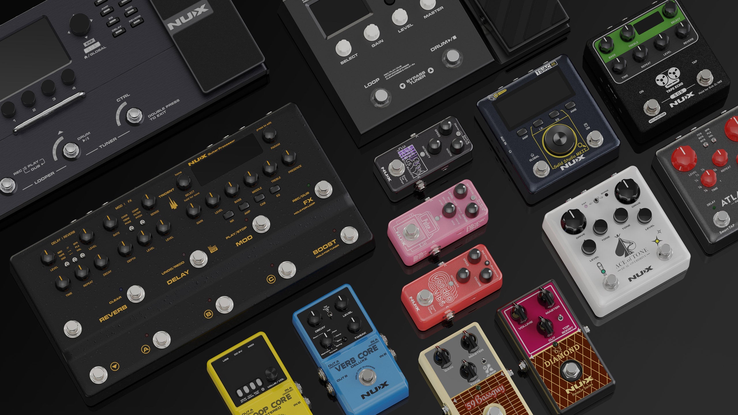 Array of NUX music audio effect equipments.