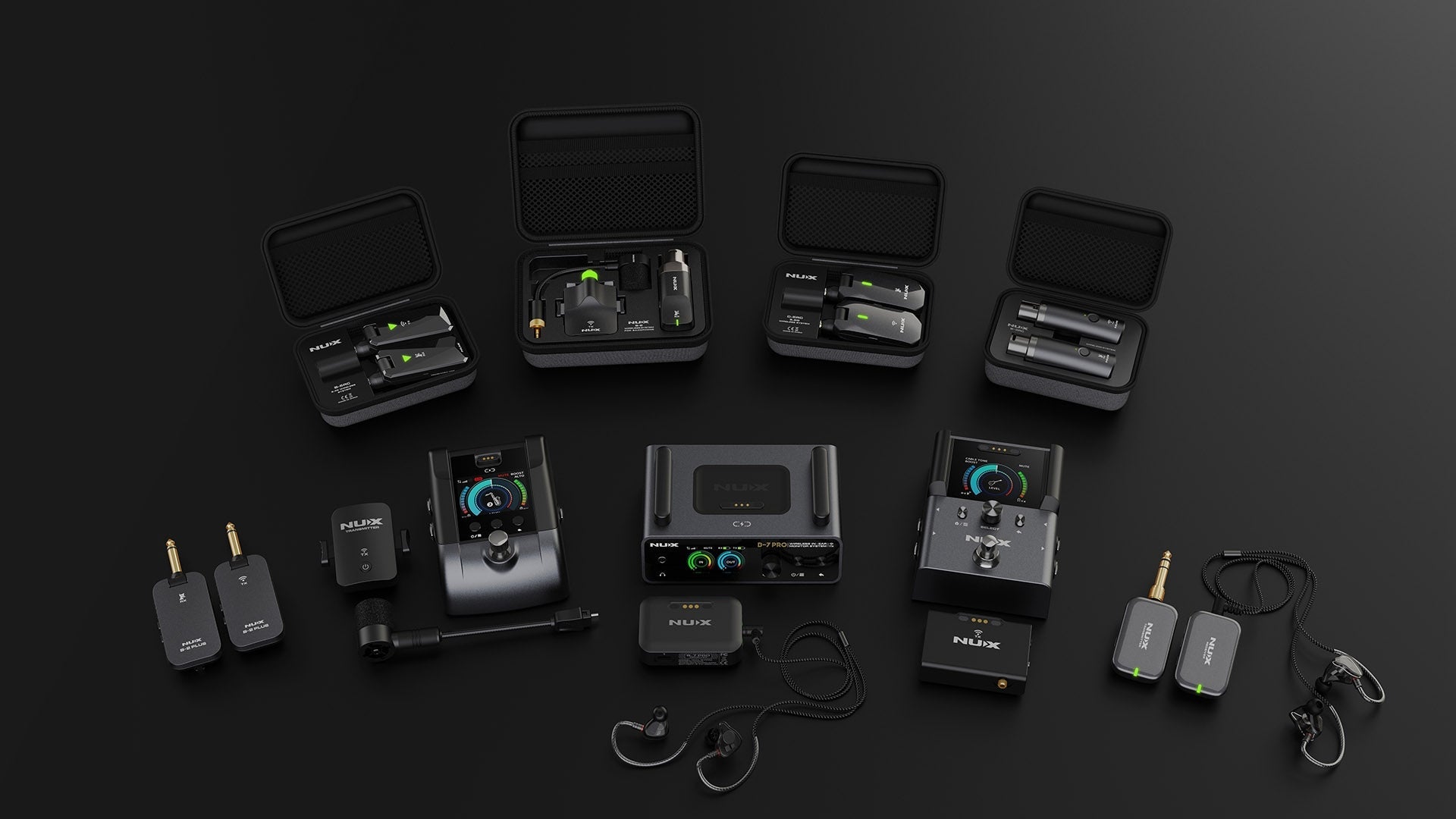 collection of NUX wireless system for guitar and wind instruments on a dark background