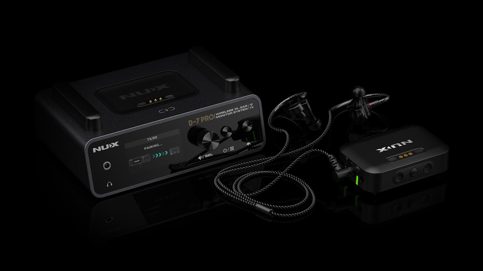 NUX B-7 PRO transmitter LCD screen showing in pairing progress with the wireless in-ear receiver