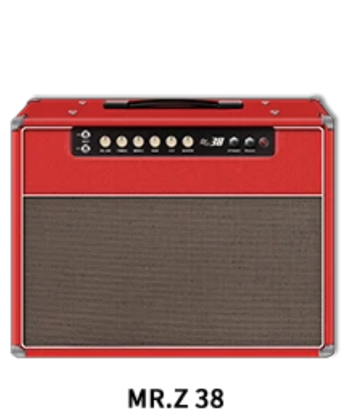 Red guitar amplifier with 'MR.Z 38' branding on a white background