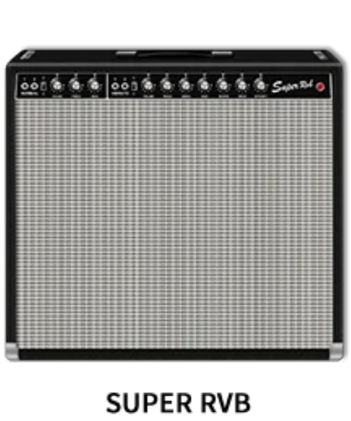 Guitar amplifier with 'Super RVB' branding on a white background