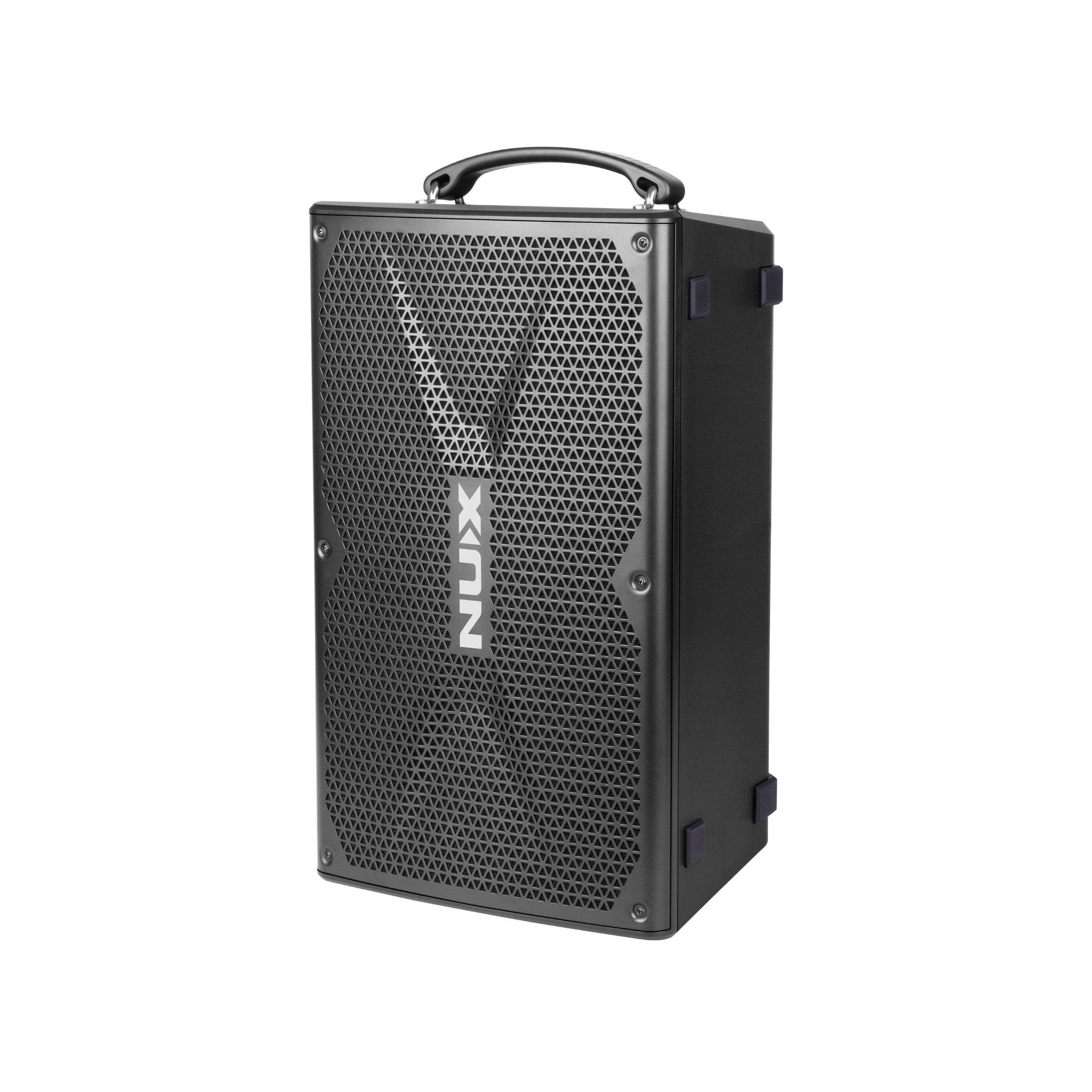 Black portable speaker with Nux logo on a white background
