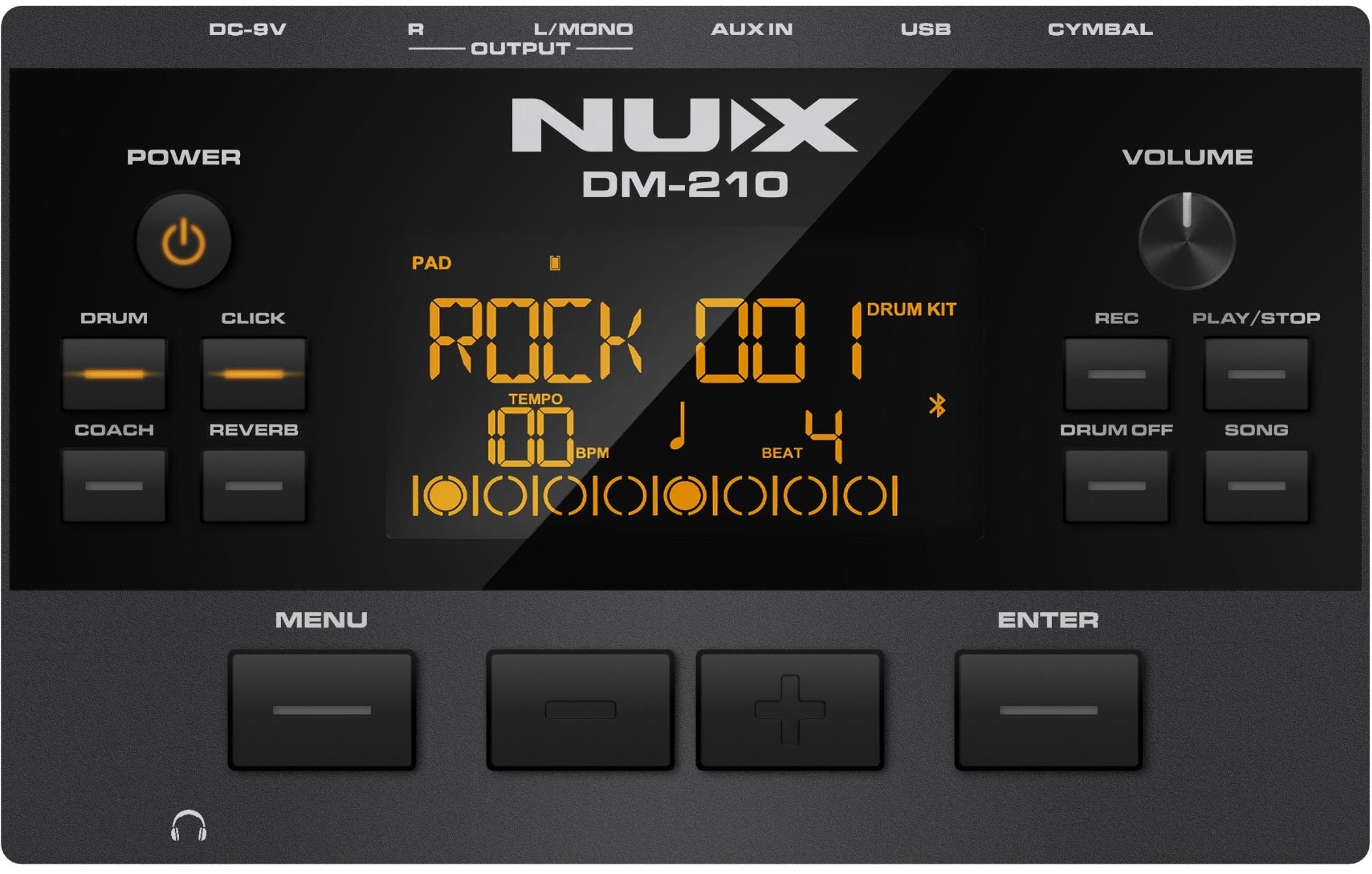 NUX DM-210 electronic drum machine with digital display and control buttons.