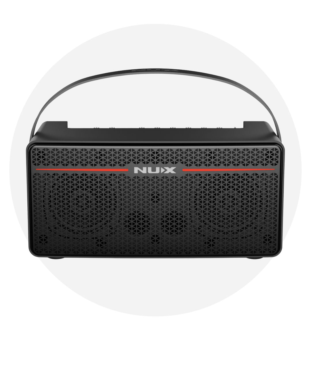 Black NUX guitar amplifier on a white background