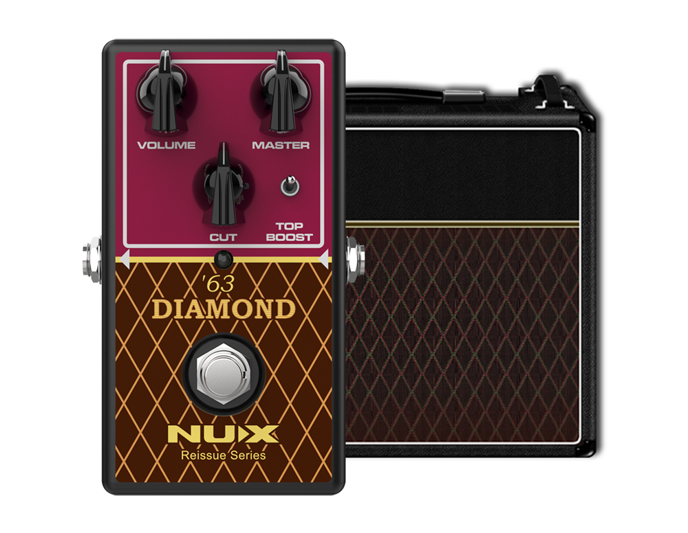 Guitar effects pedal with '63 Diamond' branding and Nux logo, next to a small amplifier.