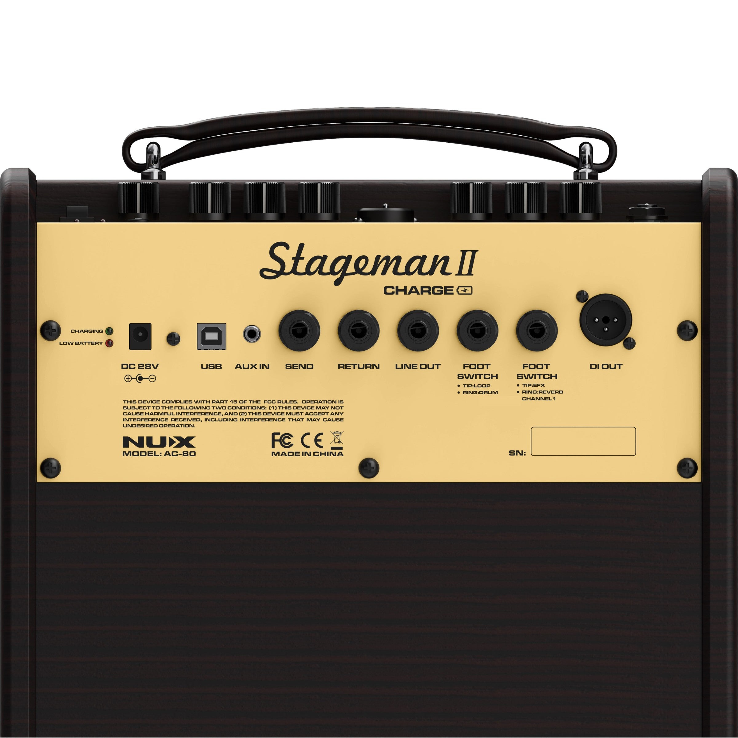Back panel of a Nux Stageman II Charge 60 guitar amplifier with various connectors and labels.