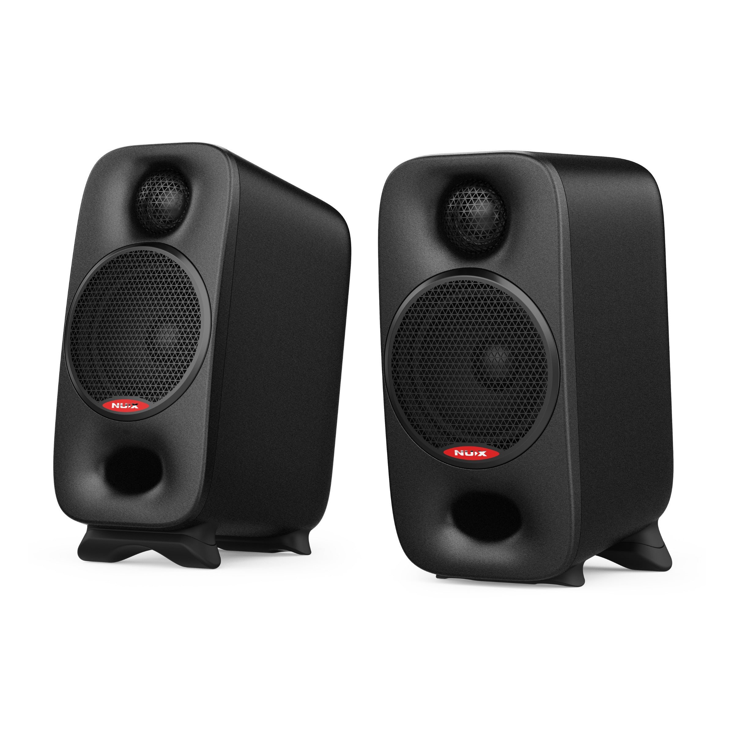 Pair of black nux studio monitor speakers with visible brand logo on a white background