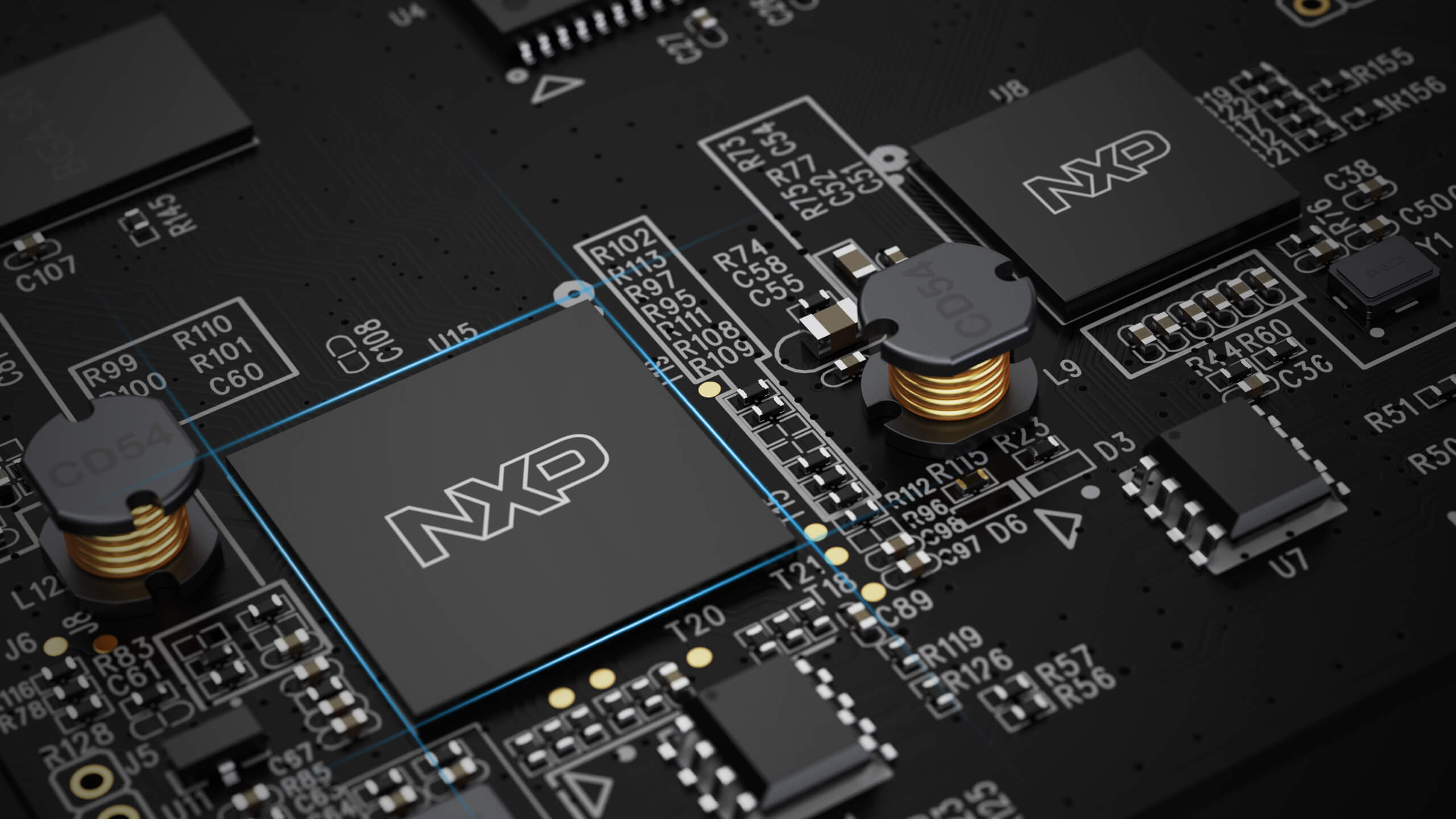 Close-up of a circuit board with NXP logo on electronic components