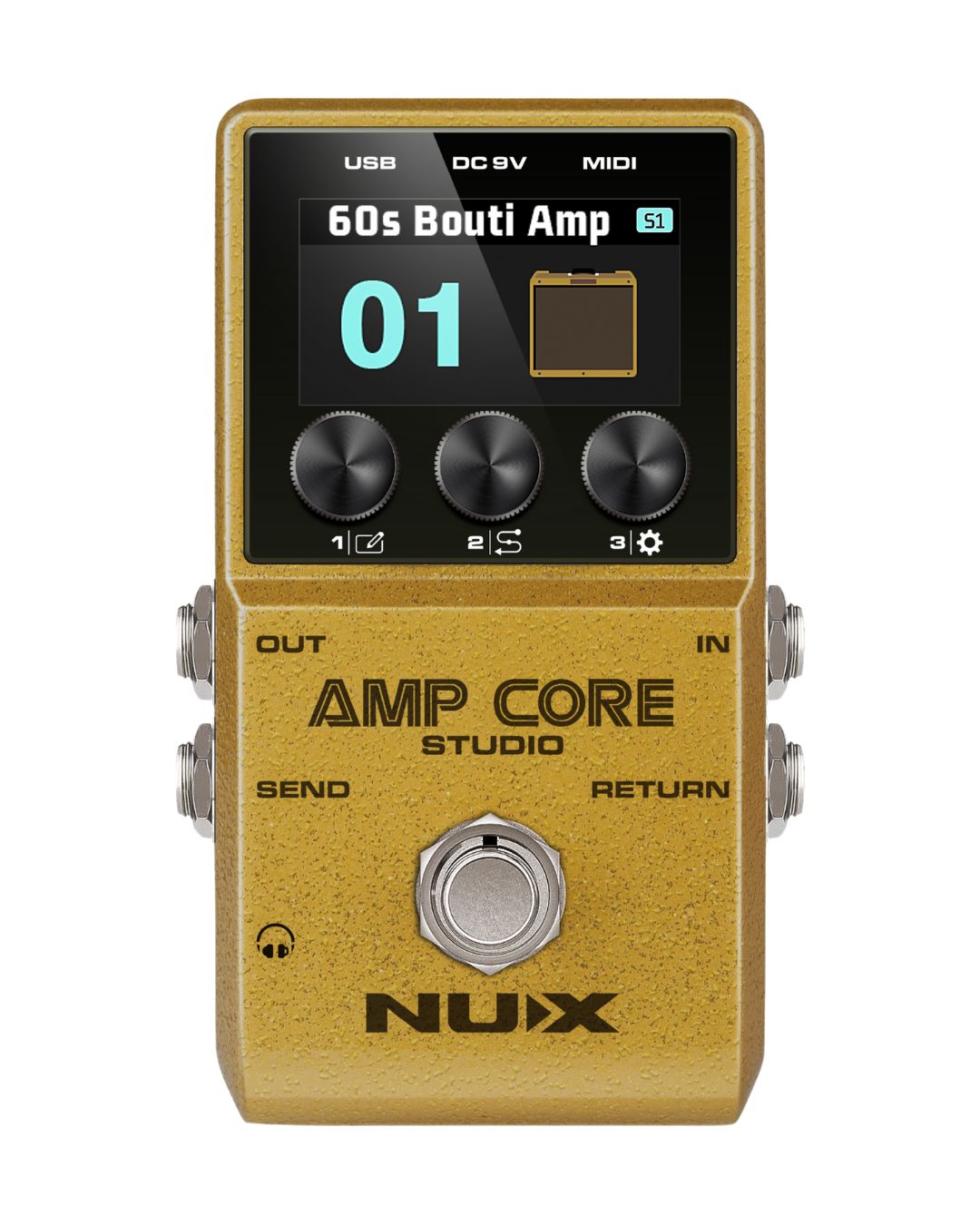 Nux Amp Core Studio guitar effects pedal with display and control knobs on a white background