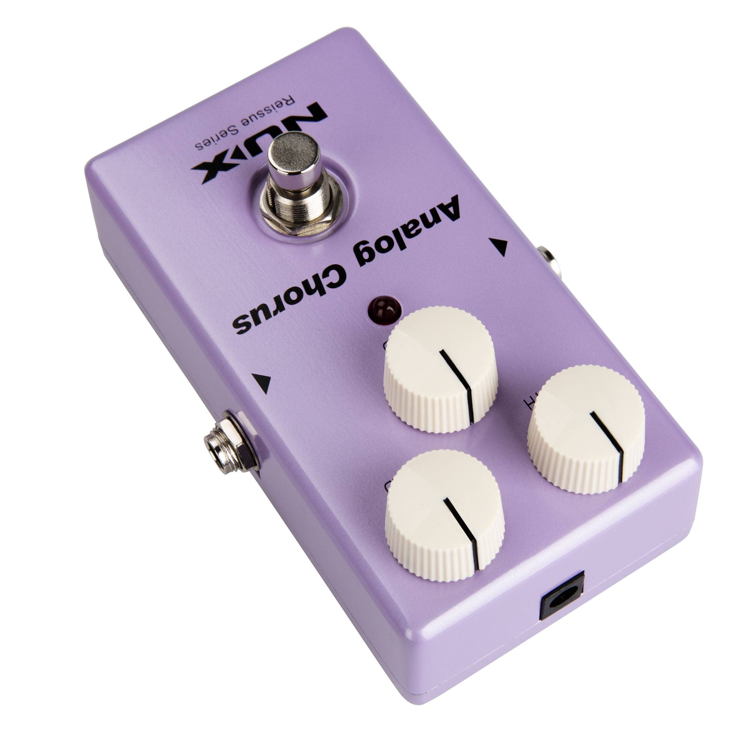 Purple guitar effects pedal with four knobs on a white background