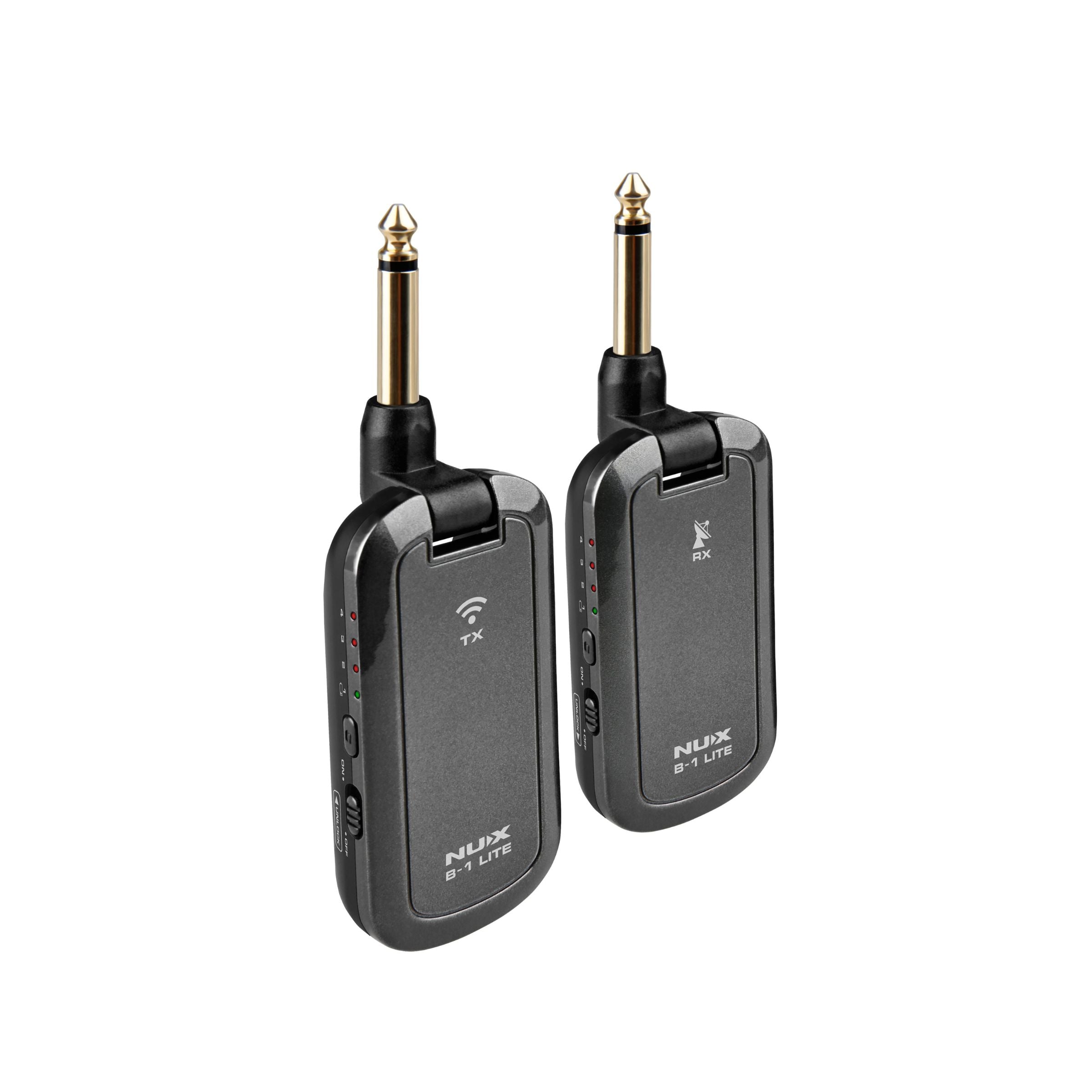 NUX B-1 LITE wireless guitar transmitter and receiver side-by-side in white background