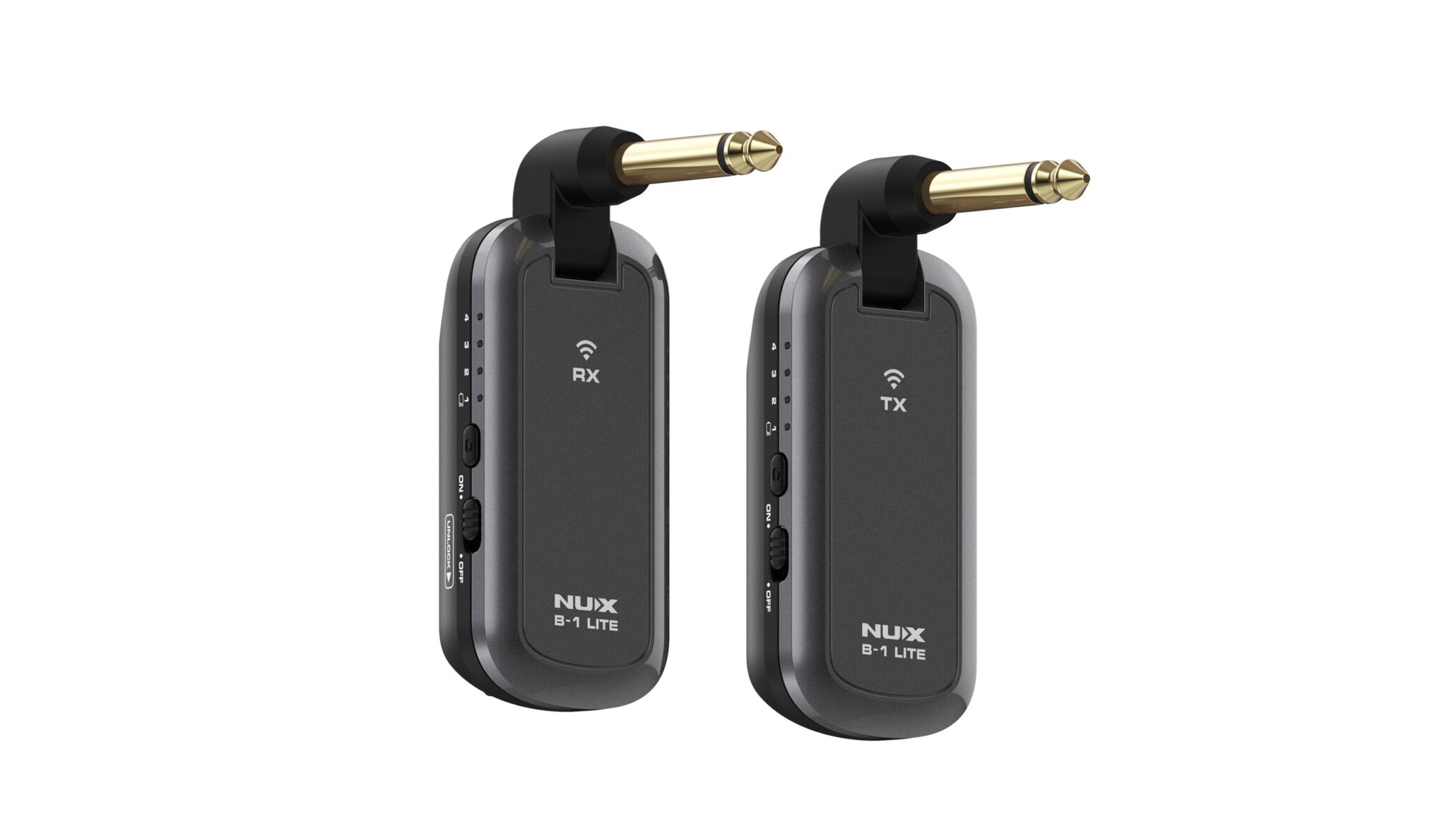 NUX B-1 lite transmitter and receiver showing how the the jack plug rotates to 90 degrees.