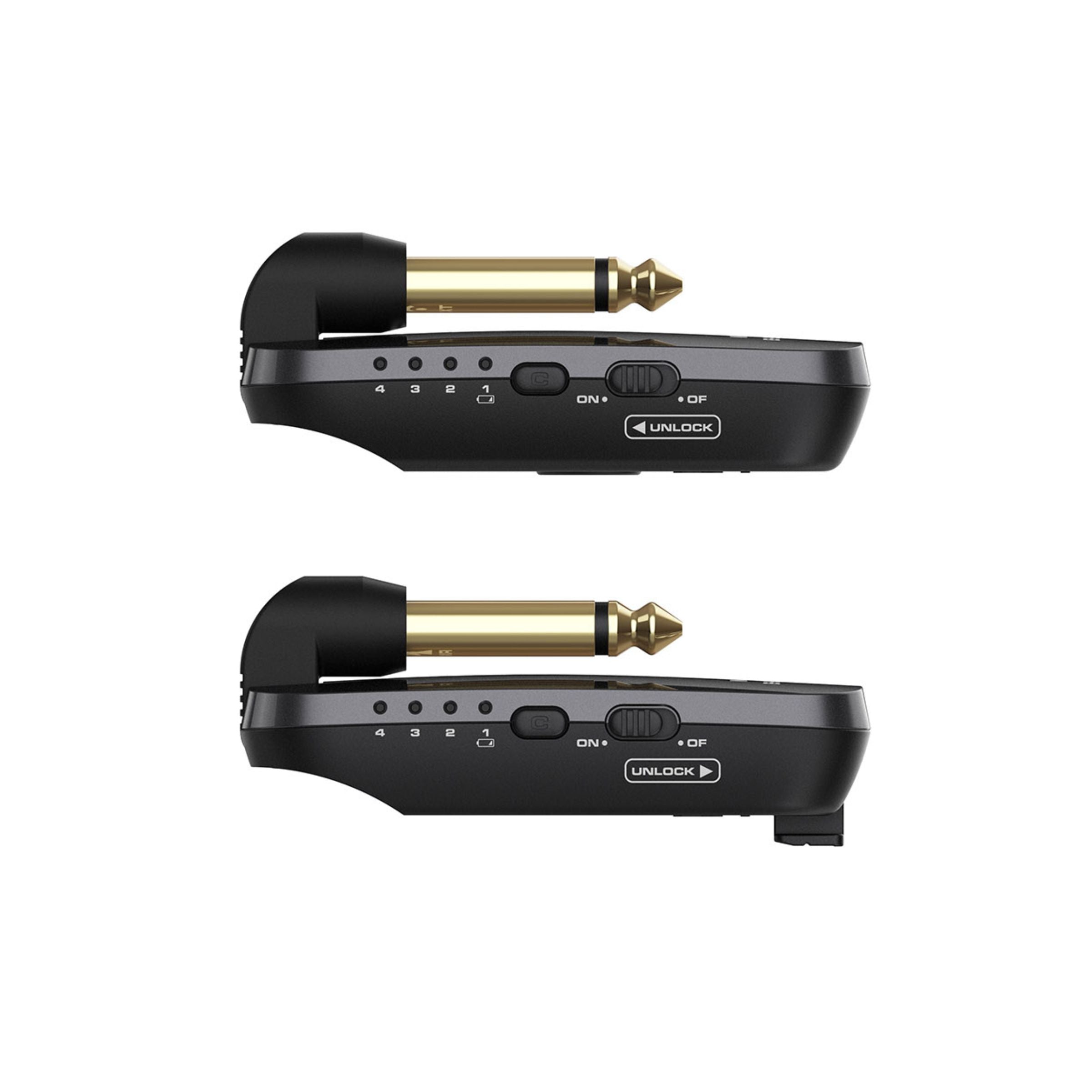 NUX B-2 wireless guitar transmitter and receiver on their side showing the on, off, and unlock toggle slider.