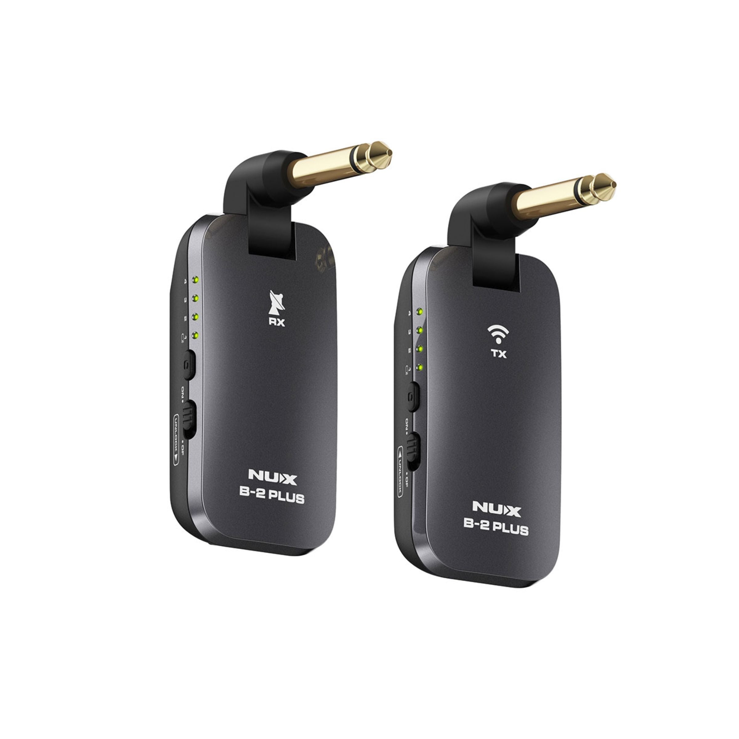 NUX B-2 PLUS wireless guitar transmitter and receiver with plug facing frontward.