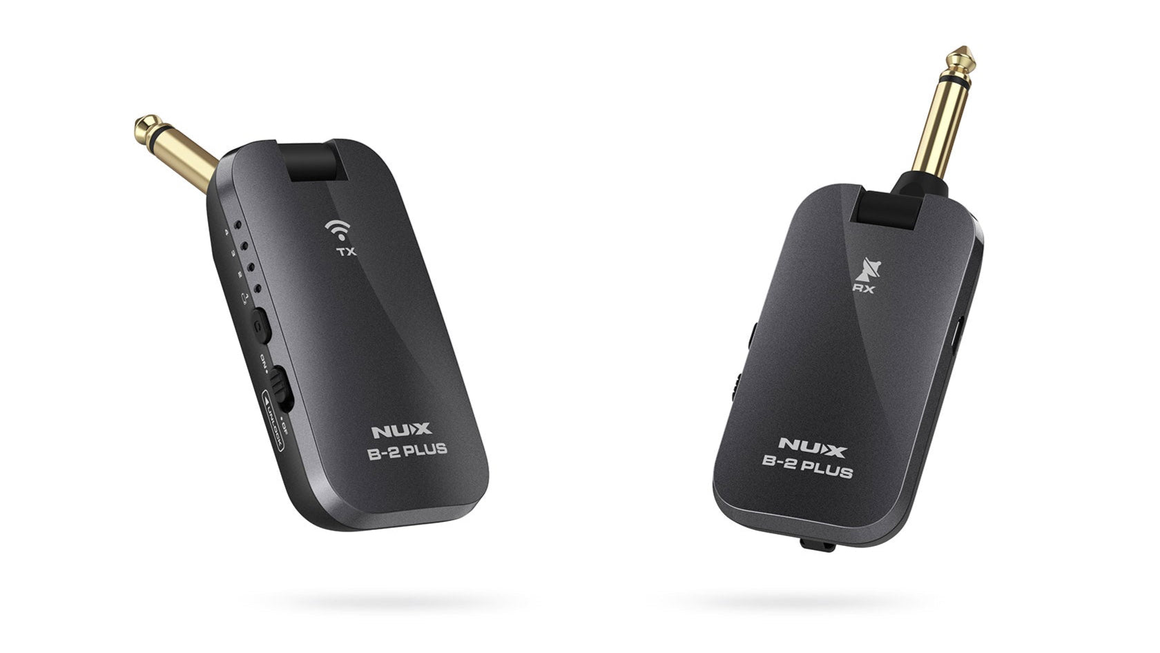 NUX B-2 plus wireless guitar transmitter and receiver on a white background