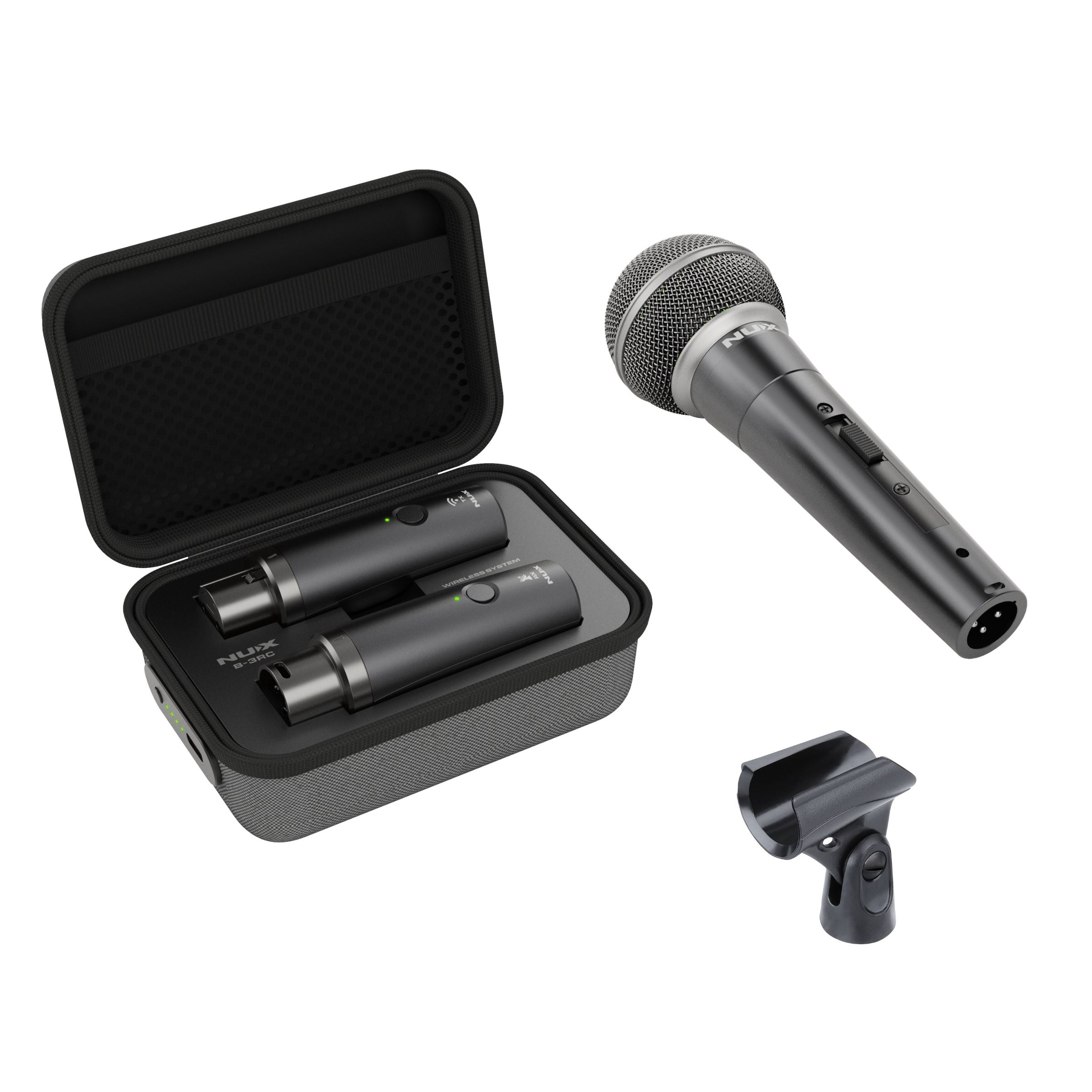 NUX B-3RC wireless microphone system with mic, wireless transmitter and receiver, charging case, and a mic holder.