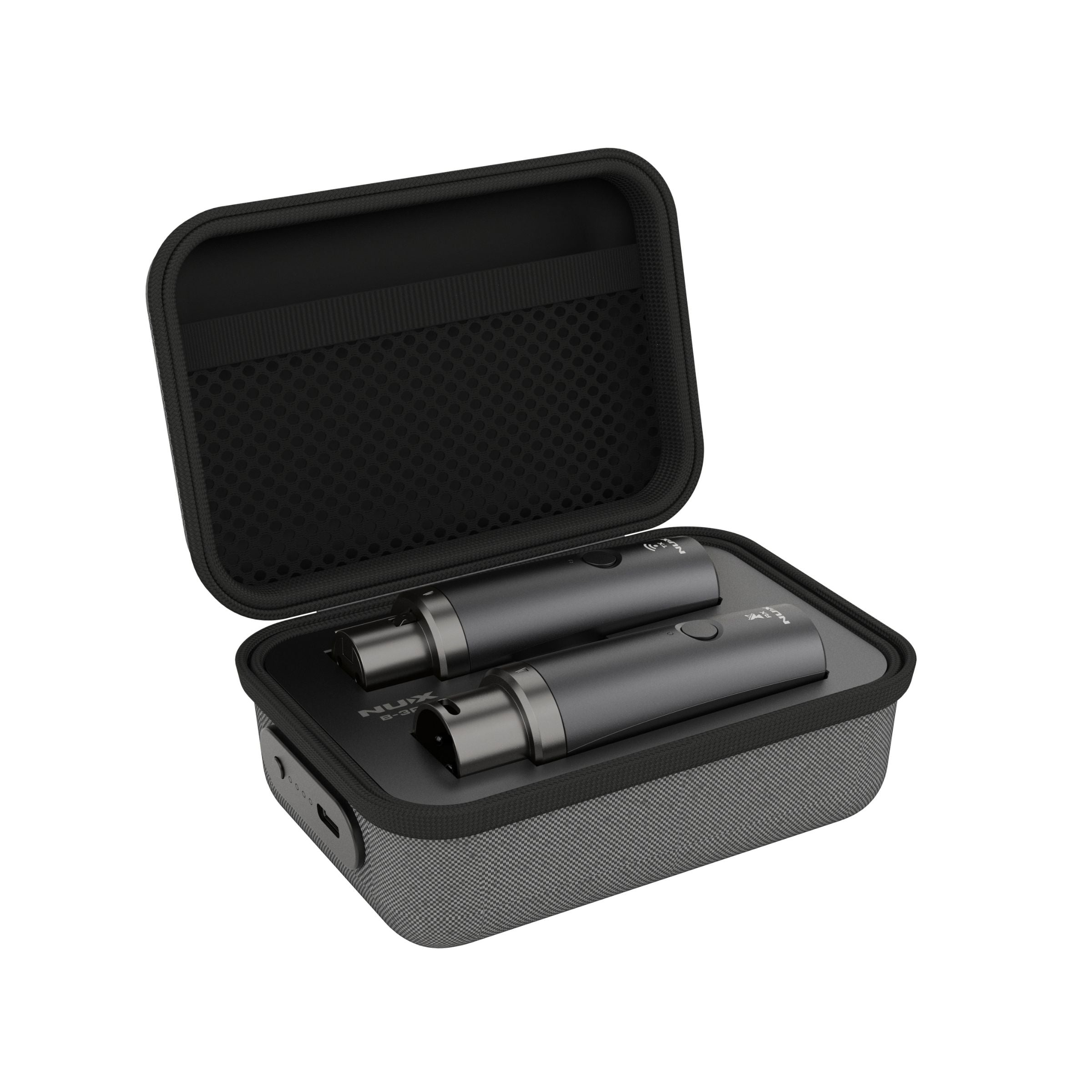 NUX B-3RC wireless microphone transmitter and receiver in a black portable charging case on a white background