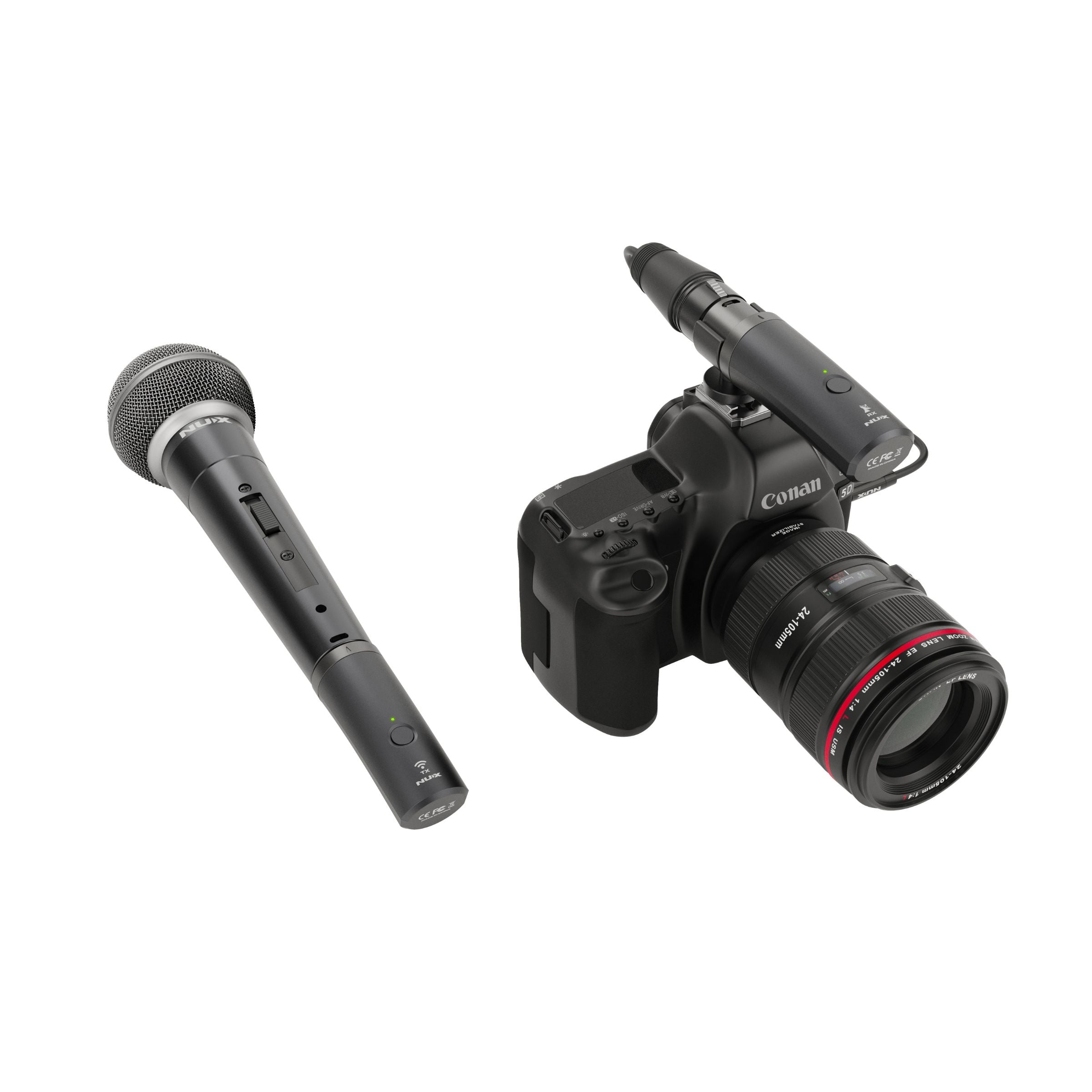 Canon camera equipped with a receiver from NUX B-3RC wireless microphone system on a white background