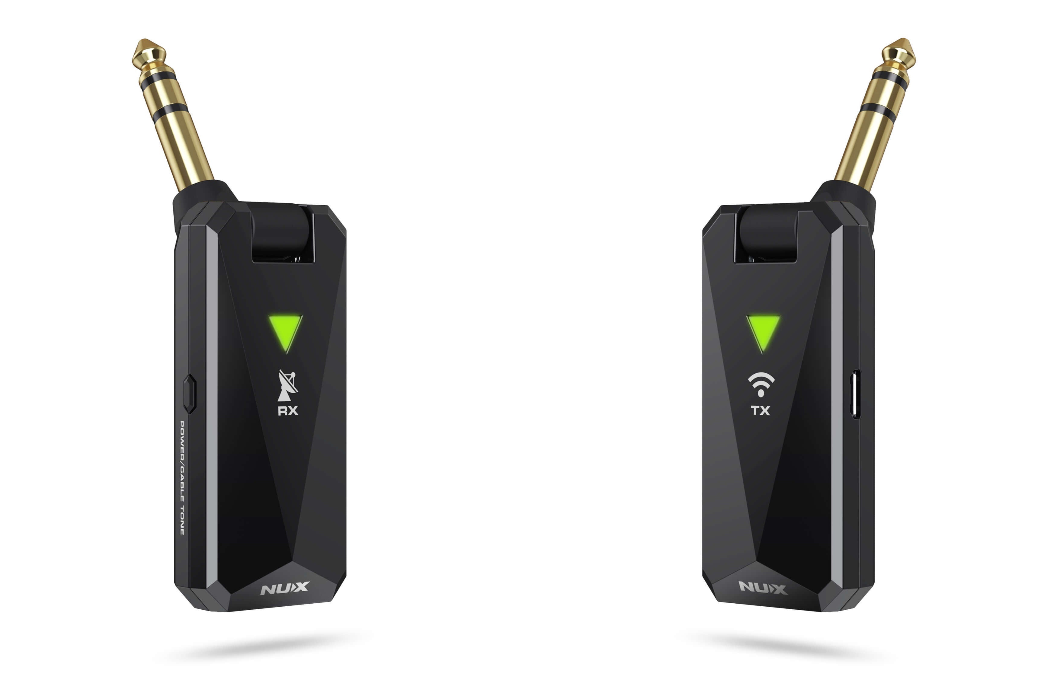 NUX B-5RC transmitter and receiver showing how the jack plugs rotate.