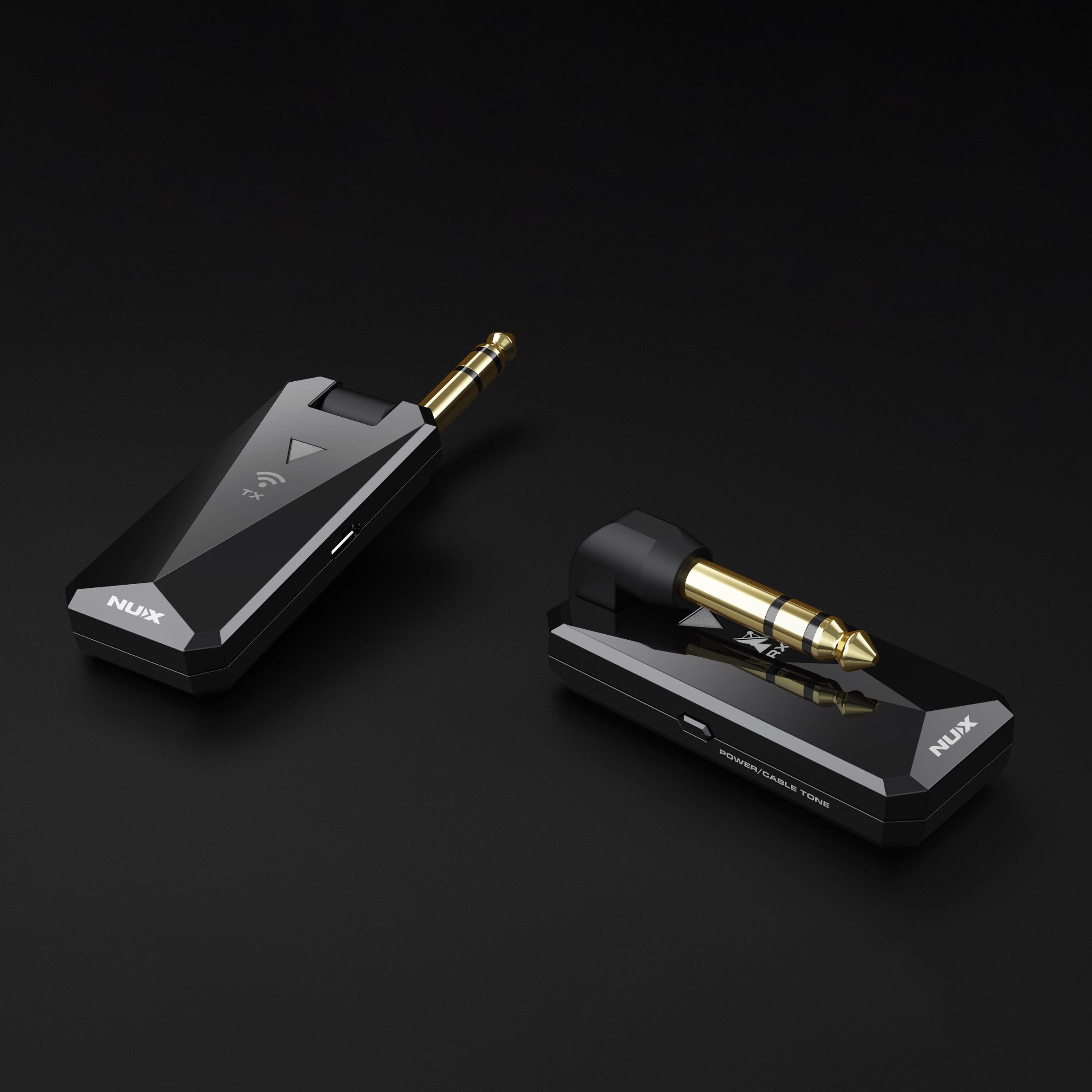NUX B-5RC wireless guitar system transmitter and receiver side-by-side on a black background
