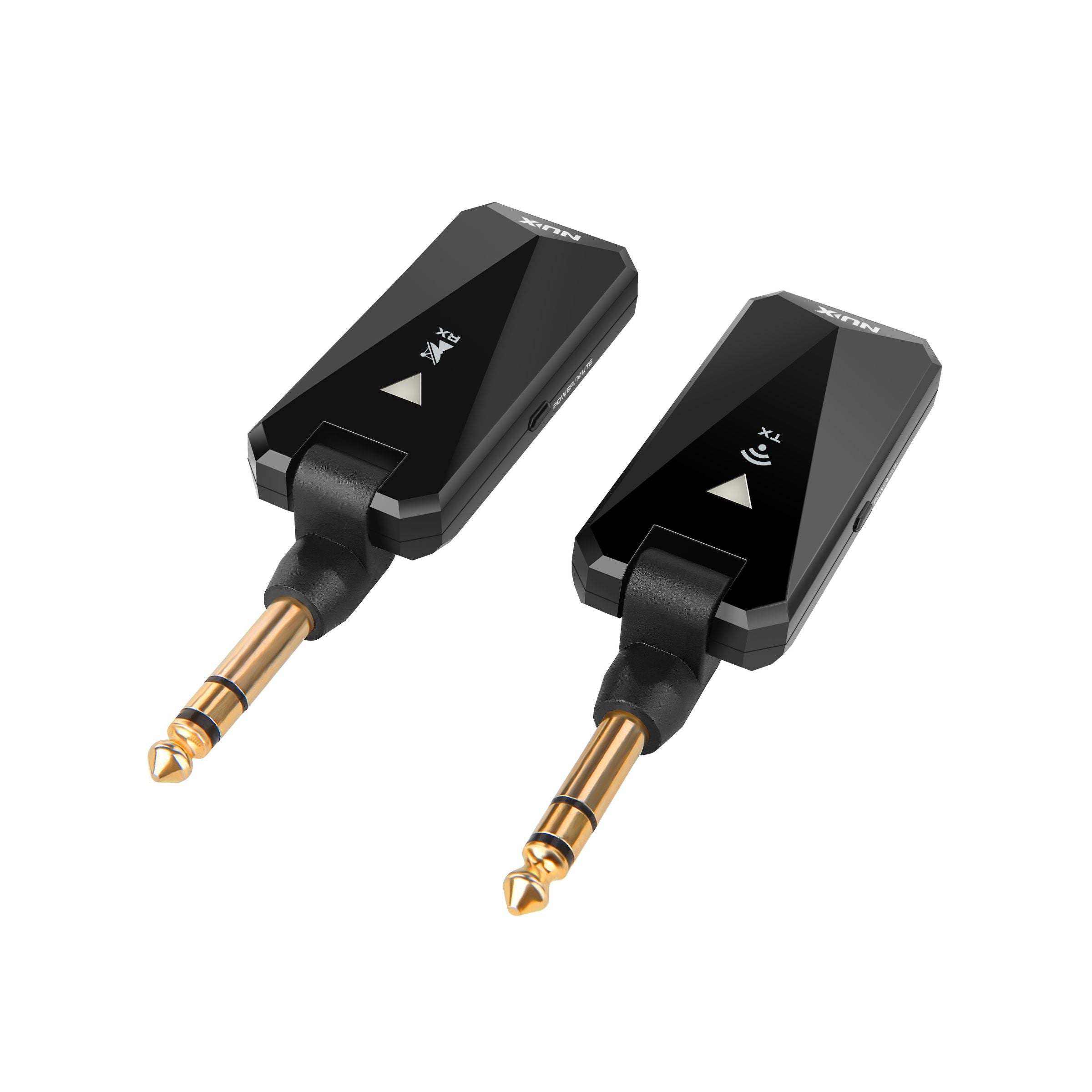 NUX B-5RC wireless guitar system transmitter and receiver side by side plugs extend.