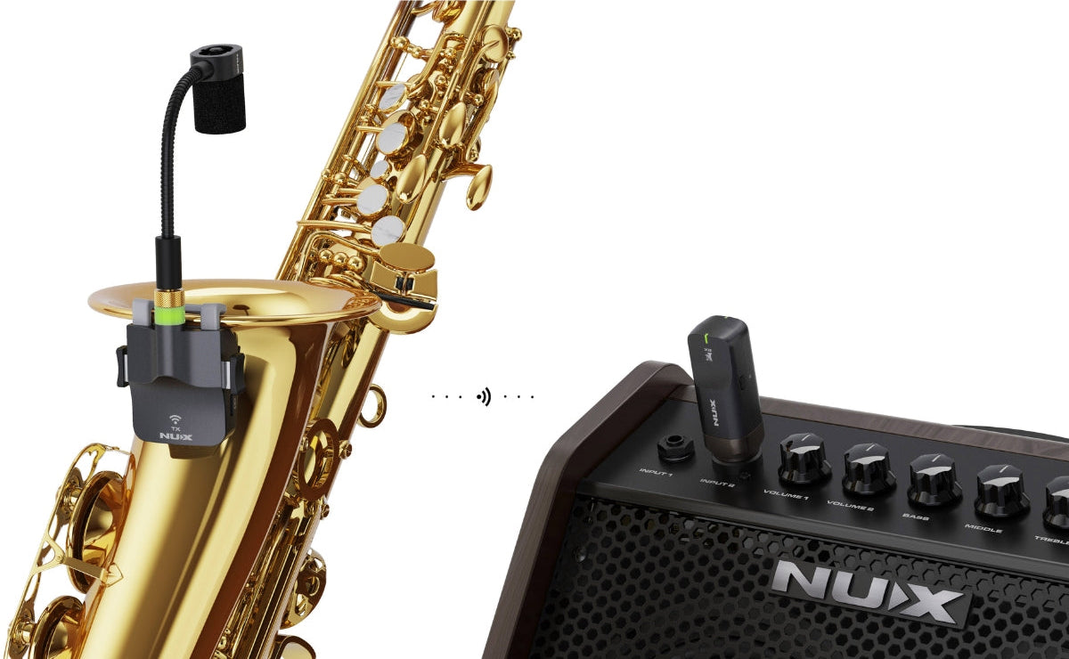 Saxophone with NUX B-6 saxophone microphone attached connects wirelessly to an amplifier throught the receiver.