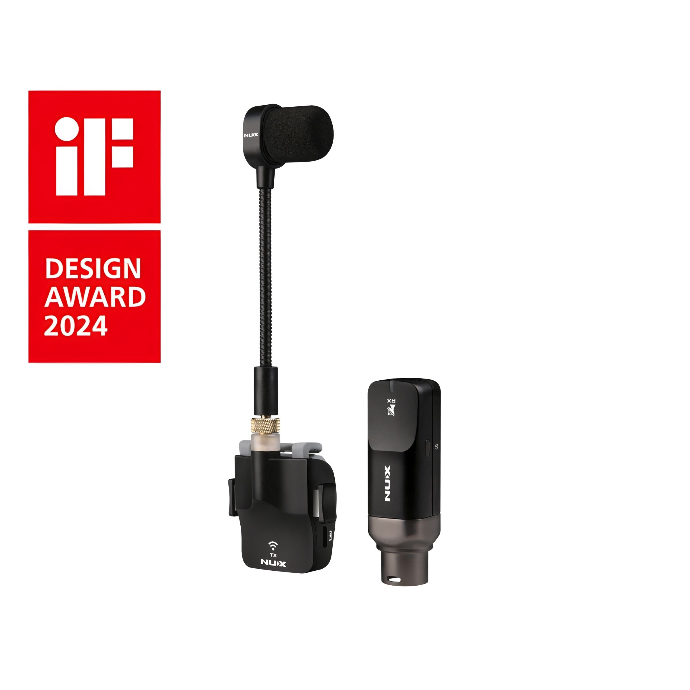Black, NUX B-6 wireless microphone for saxophone and other wind instruments, featuring the iF Design Award 2024 badge on a white background.