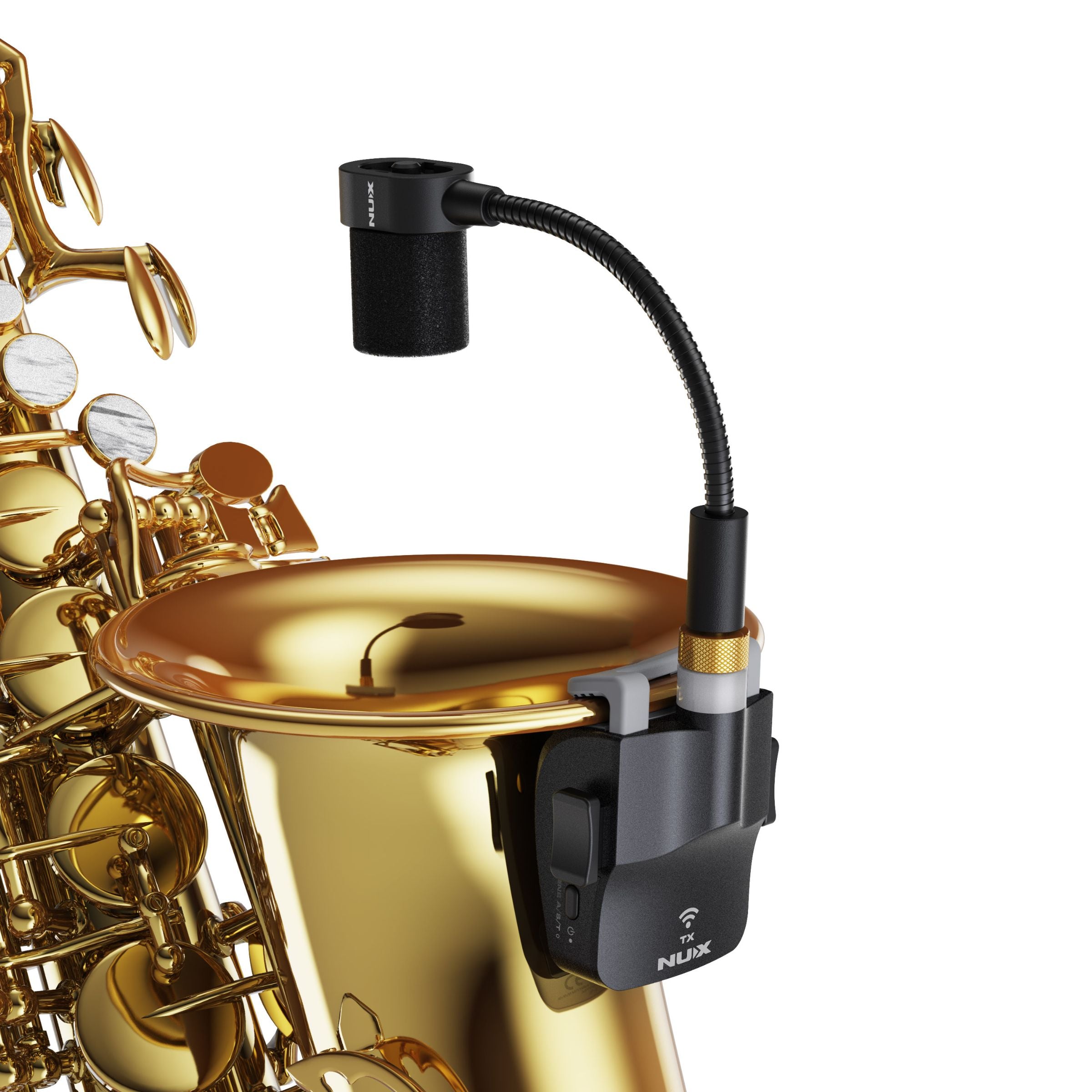 Gold saxophone with black NUX B-6 wireless microphone attached on a white background