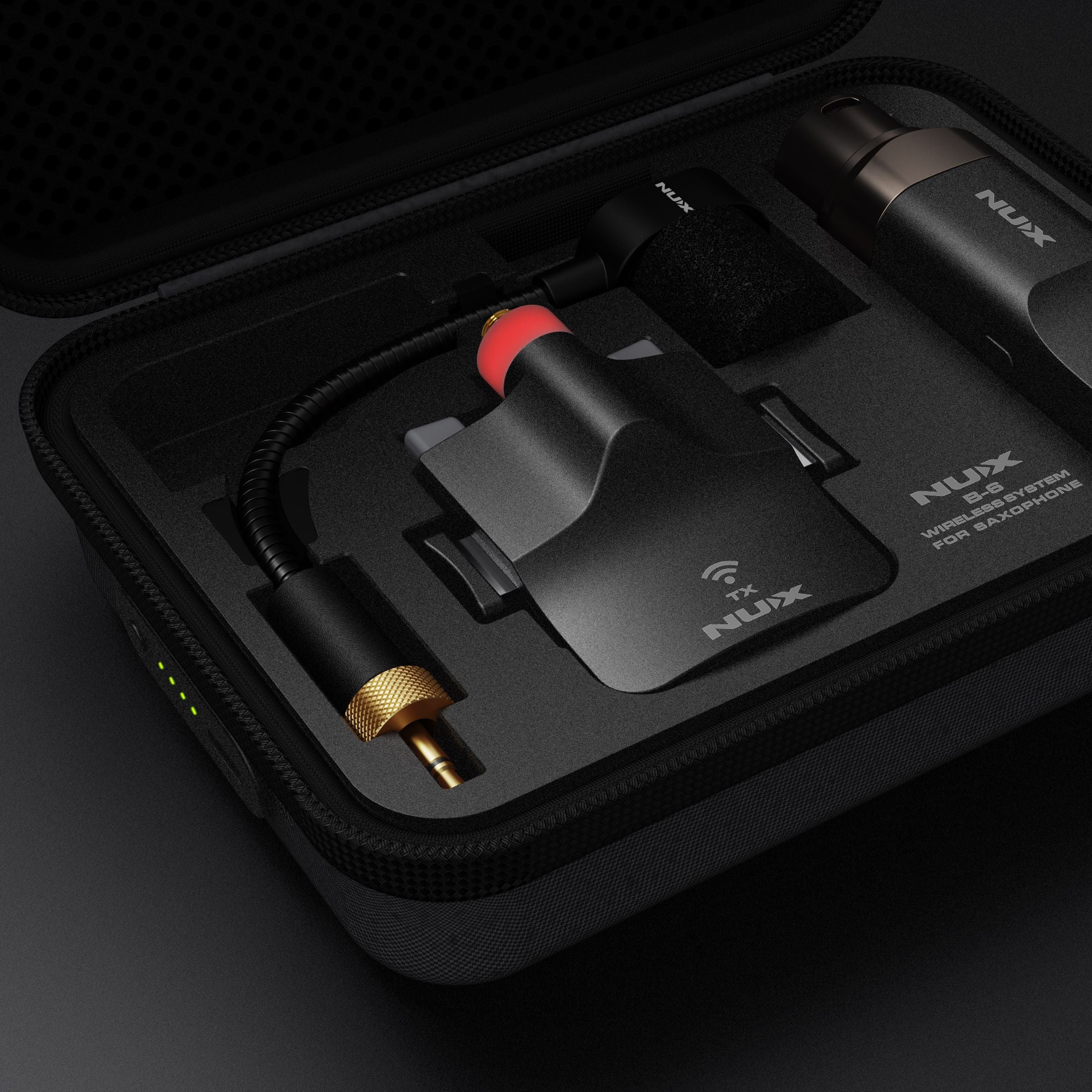 NUX B-6 wireless wind instrument microphone case in black background