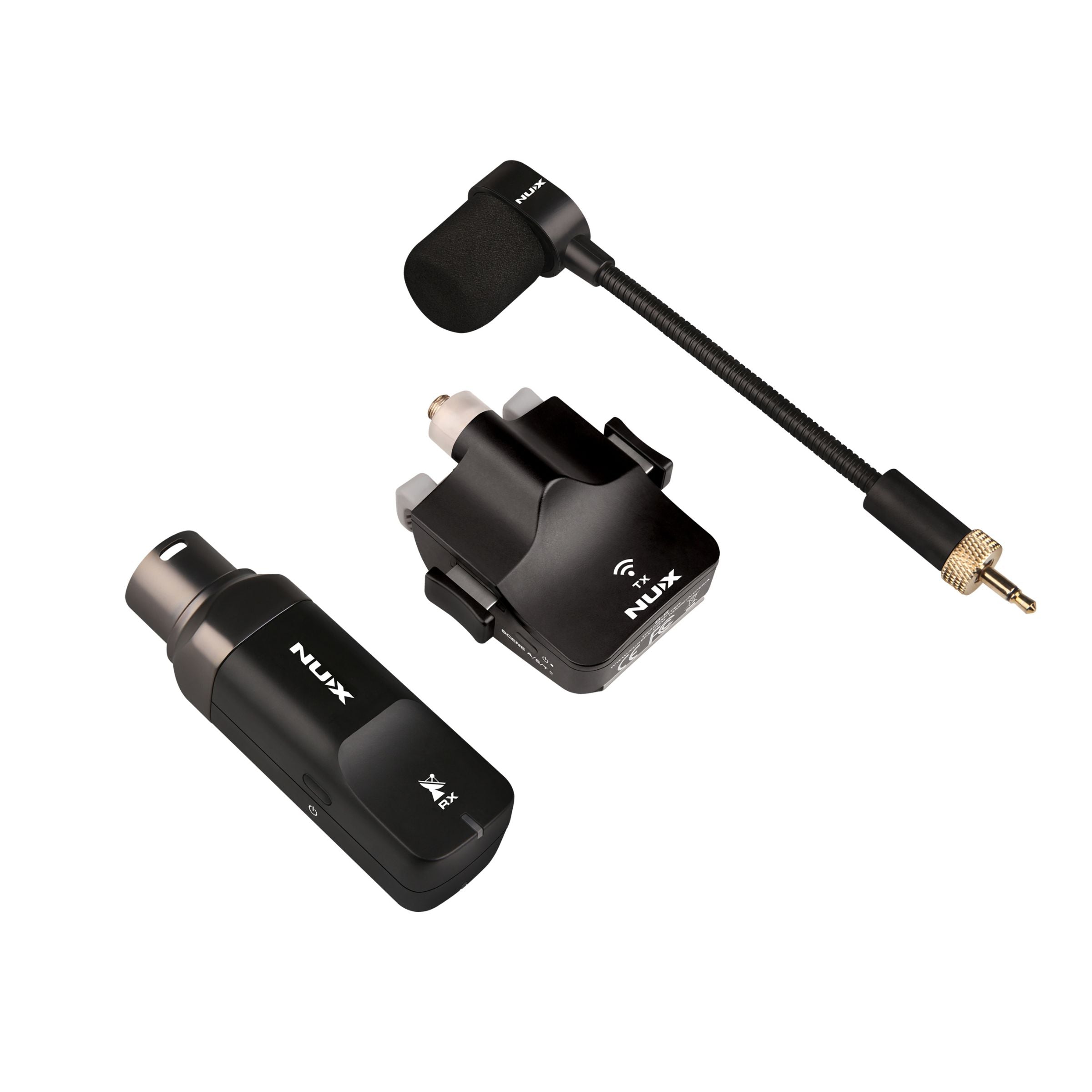 NUX B-6 wireless microphone transmitter and receiver on a white background