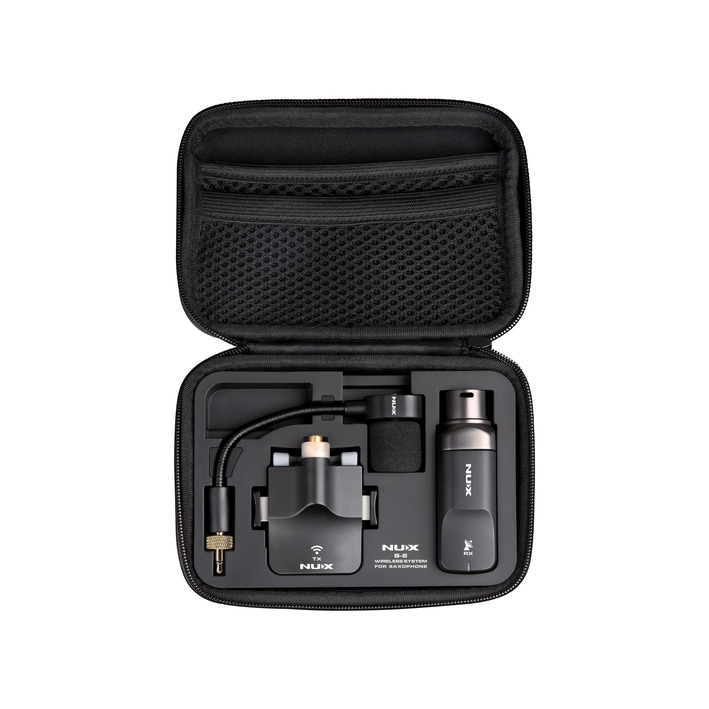 Black carrying case for NUX B-6 audio equipment on a white background