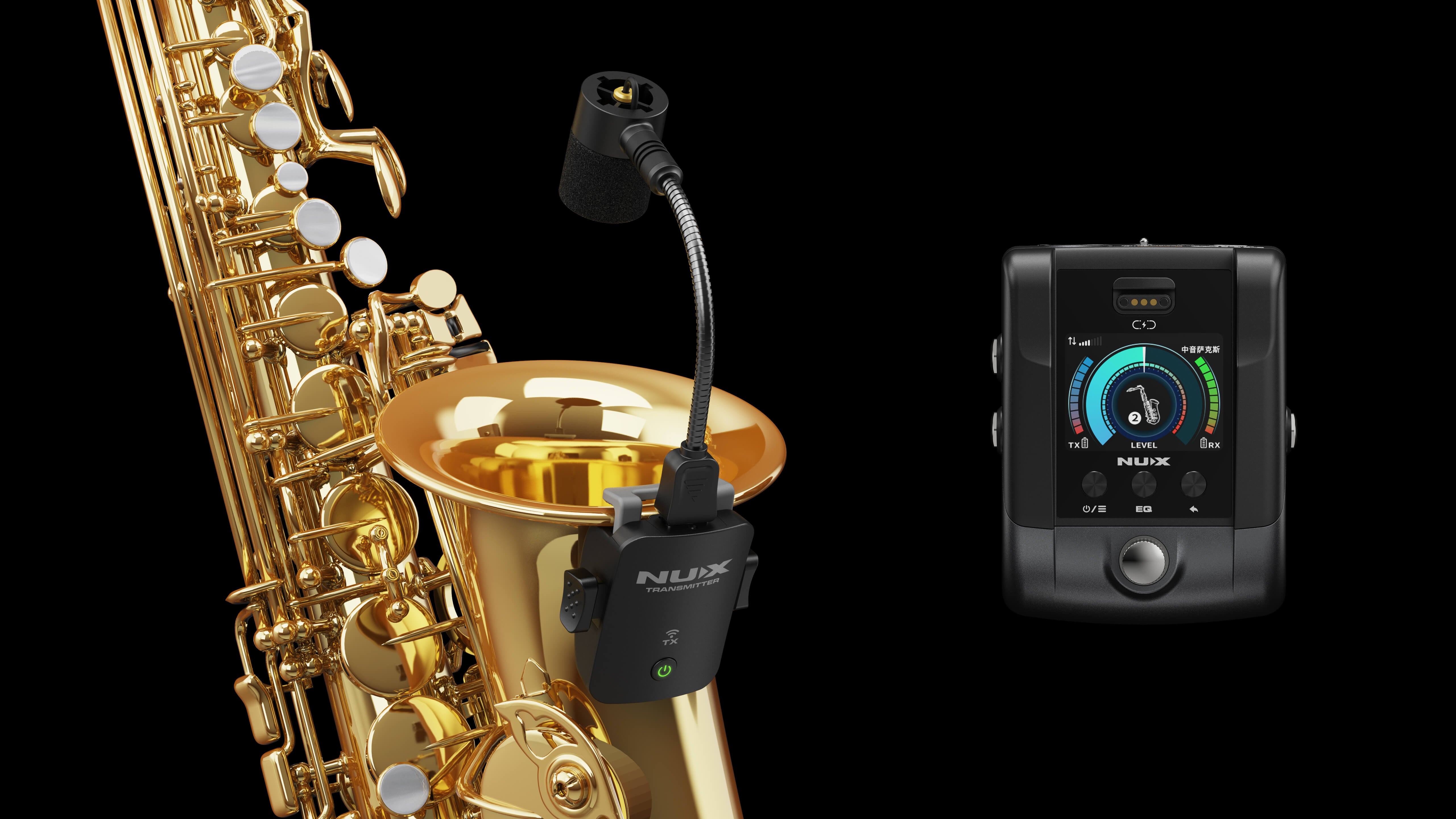 Saxophone with NUX B-6 PRO wireless microphone clipped on the rim and a pedalboard receiver showing the volume level transmitted.
