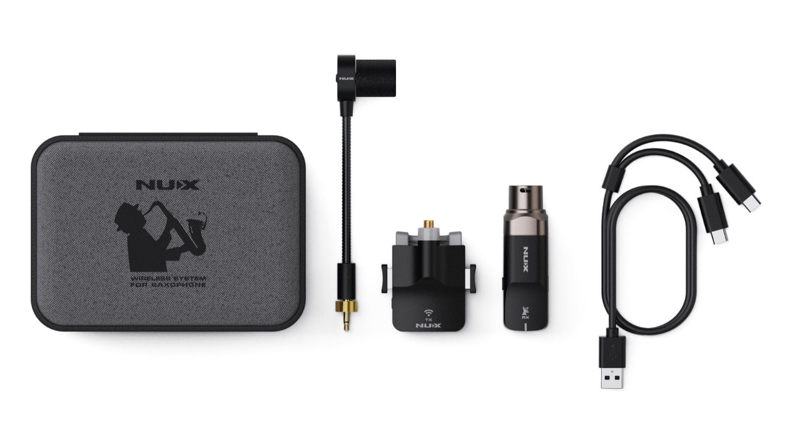 NUX b-6 includes a charging case with NUX logo, one microphone, one wireless transmitter, one wireless receiver, and a USB dongle.