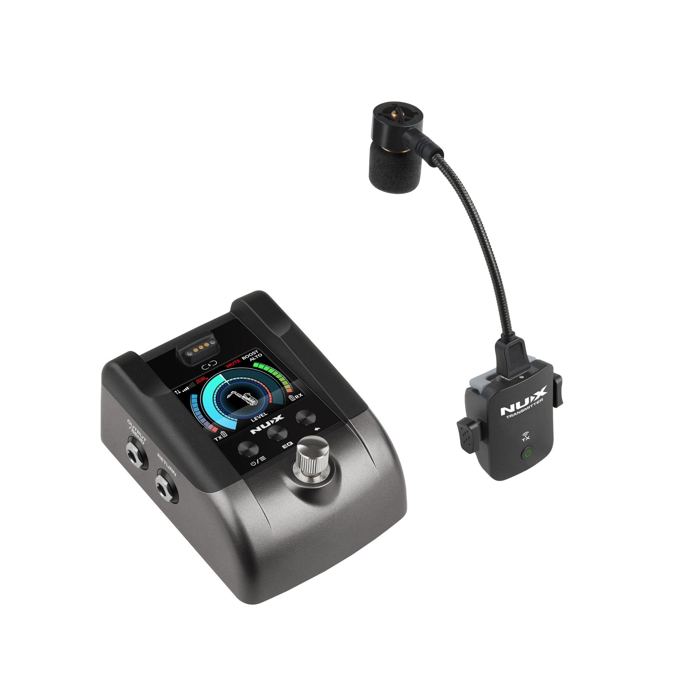 NUX B-6 PRO Wind instrument wireless microphone system kit with pedal receiver in white background.