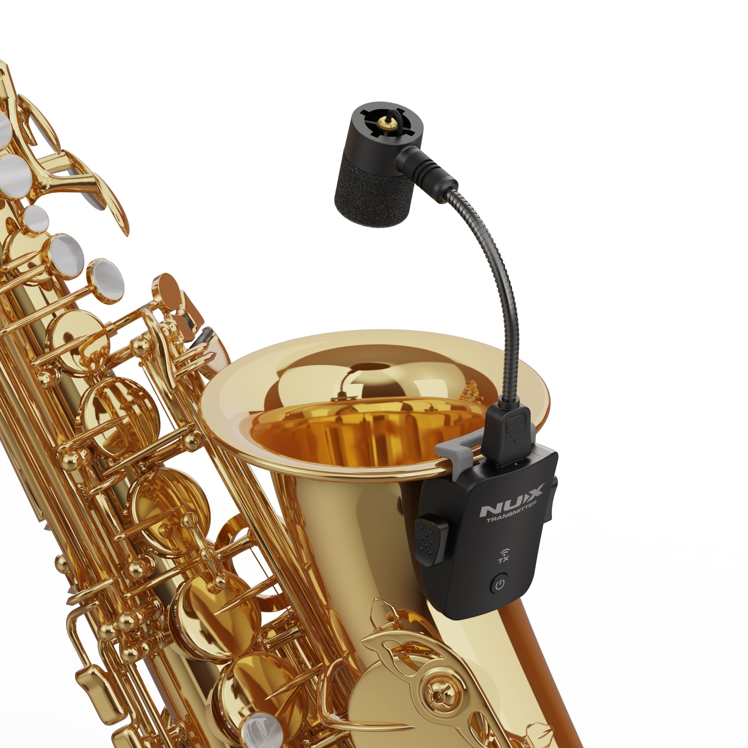 NUX B-6 PRO wind instrument wireless microphone system clipped on a saxophone.