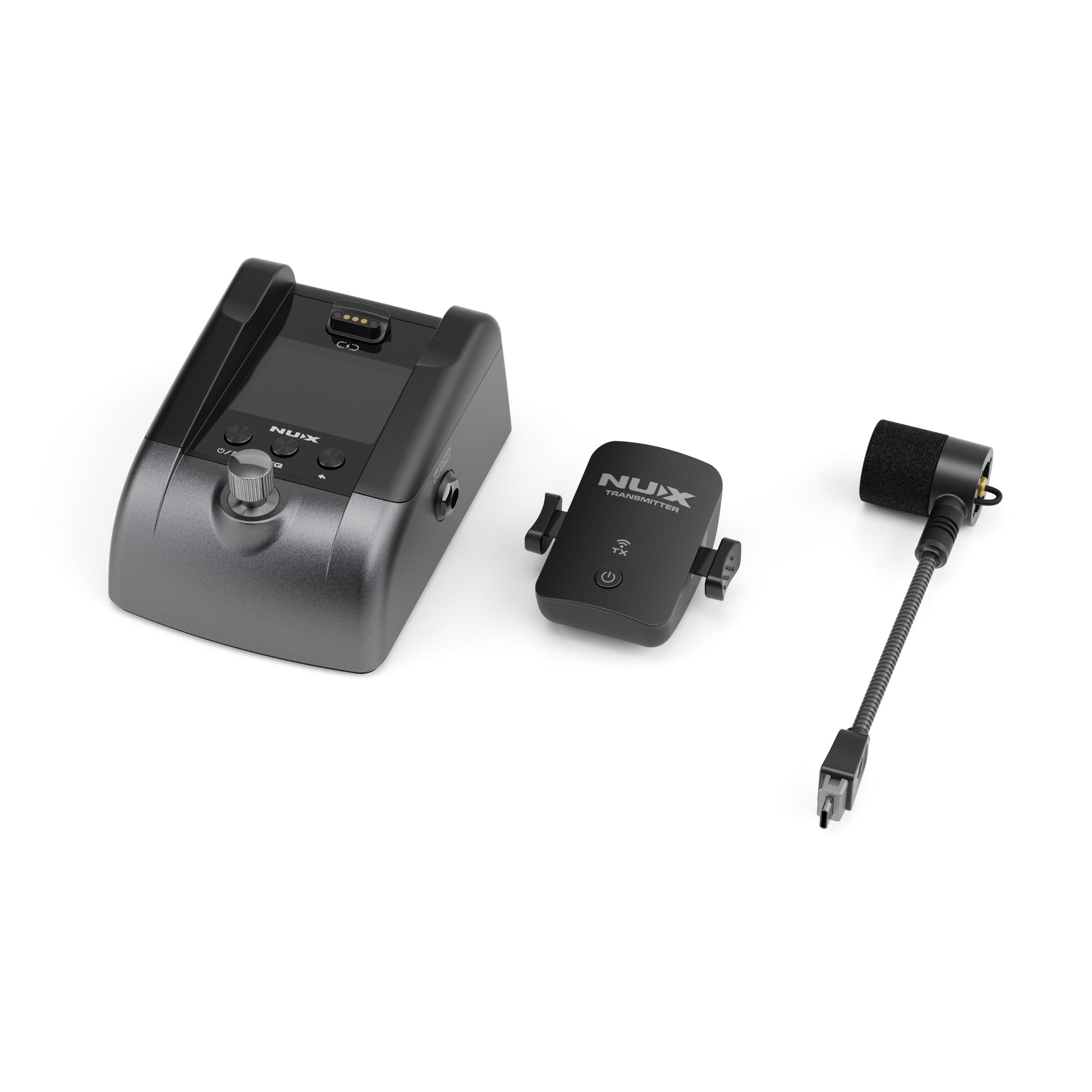 NUX B-6 PRO wireless microphone audio device with receiver and microphone for wind instruments on a white background