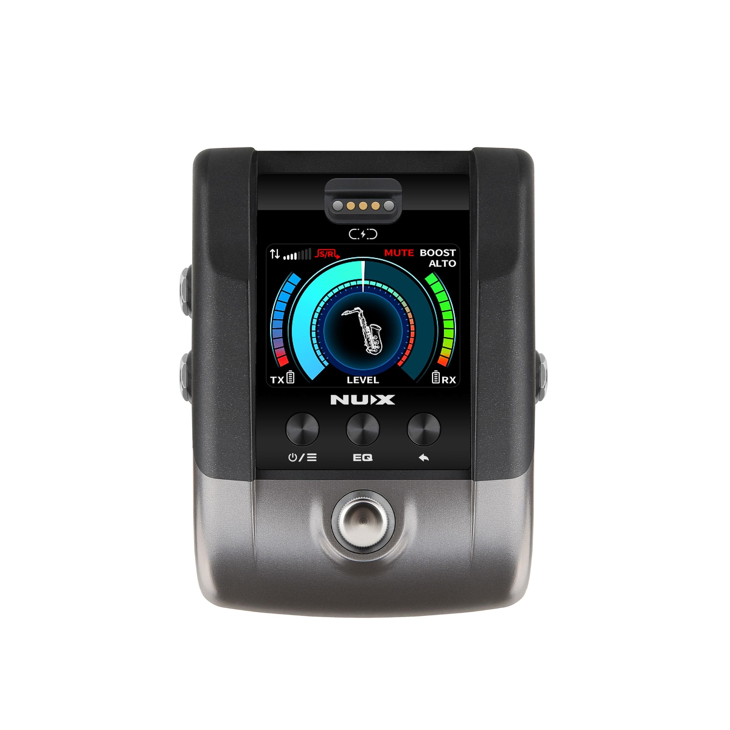 NUX B-6 PRO recevier pedal showing volume level of transmitted audio from the receiver on LCD screen.