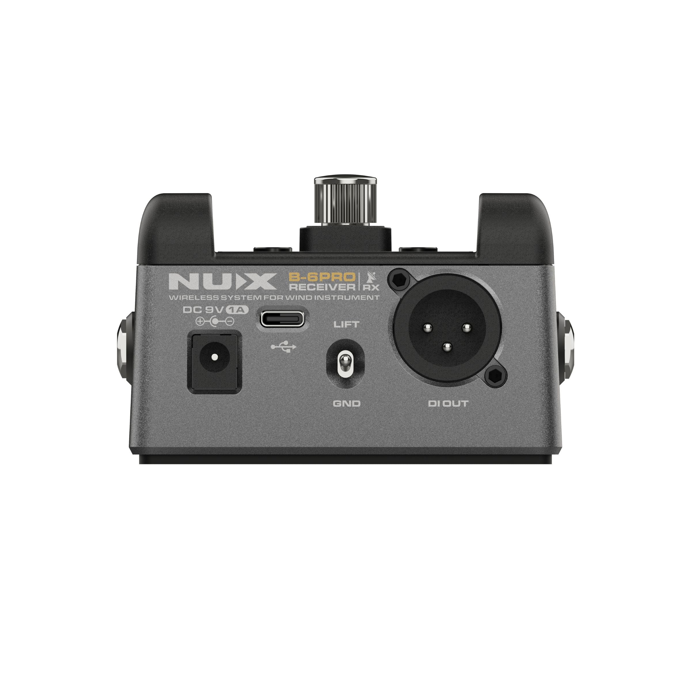 NUX B-6 PRO pedal receiver IO with USB, lift or ground option/ D I output, and DC 9v barrel plug as power.
