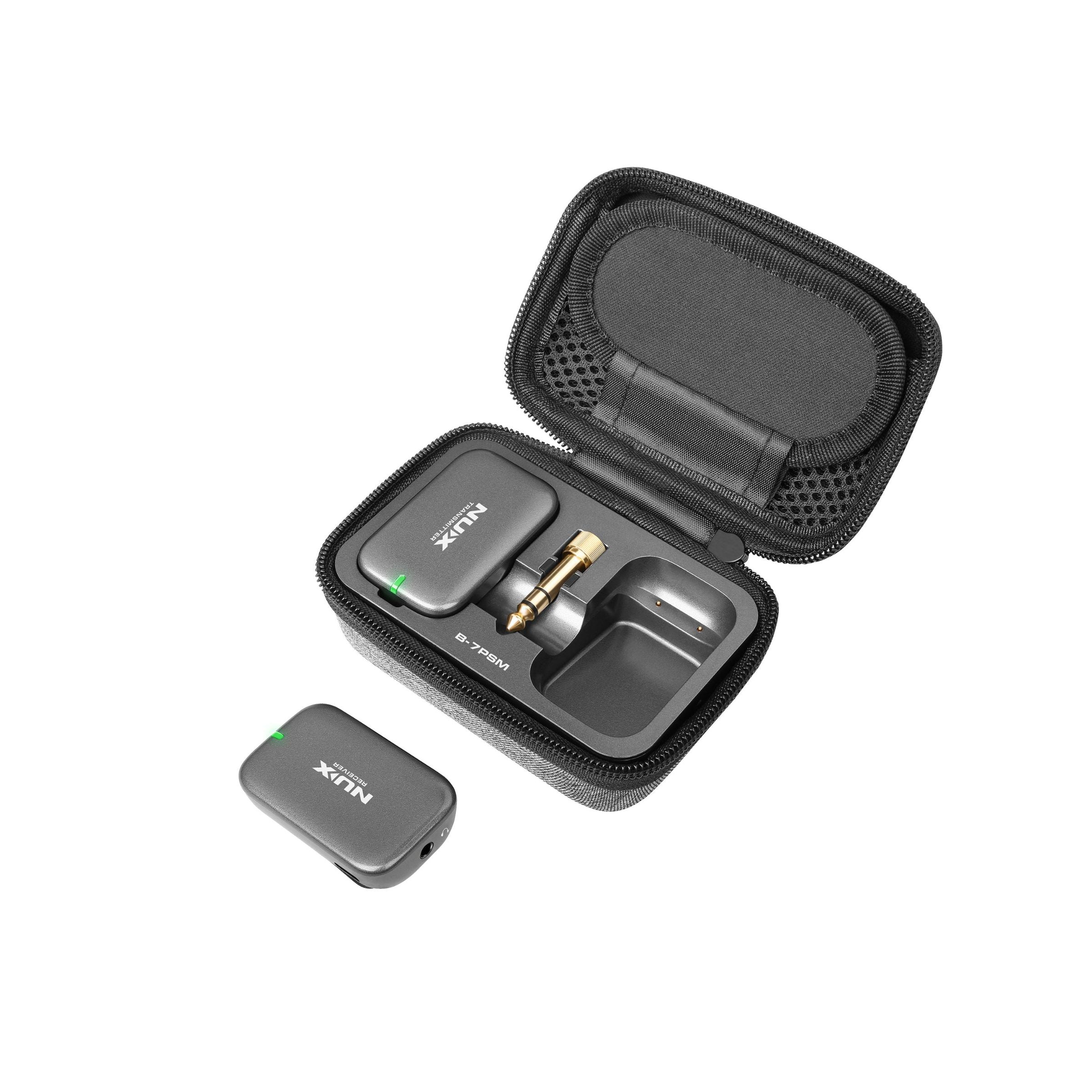 NUX B-7 PSM wireless guitar audio kit with portable charging case and included jack adaptor.