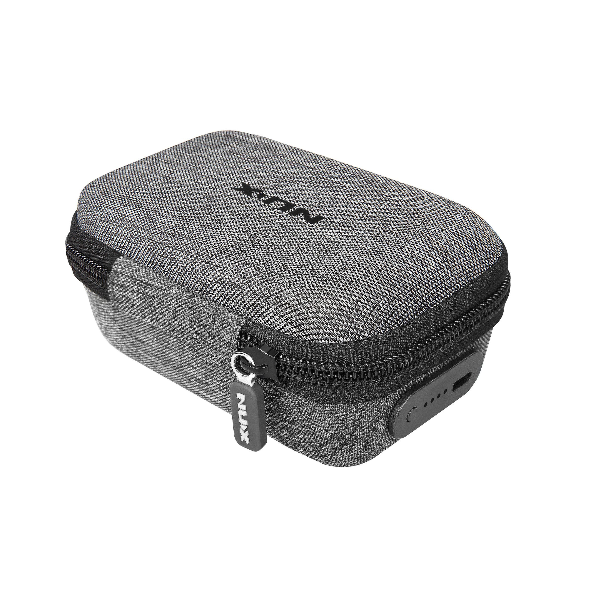 Gray carrying case with black zipper and visible NUX logo for NUX B-7 PSM on a white background