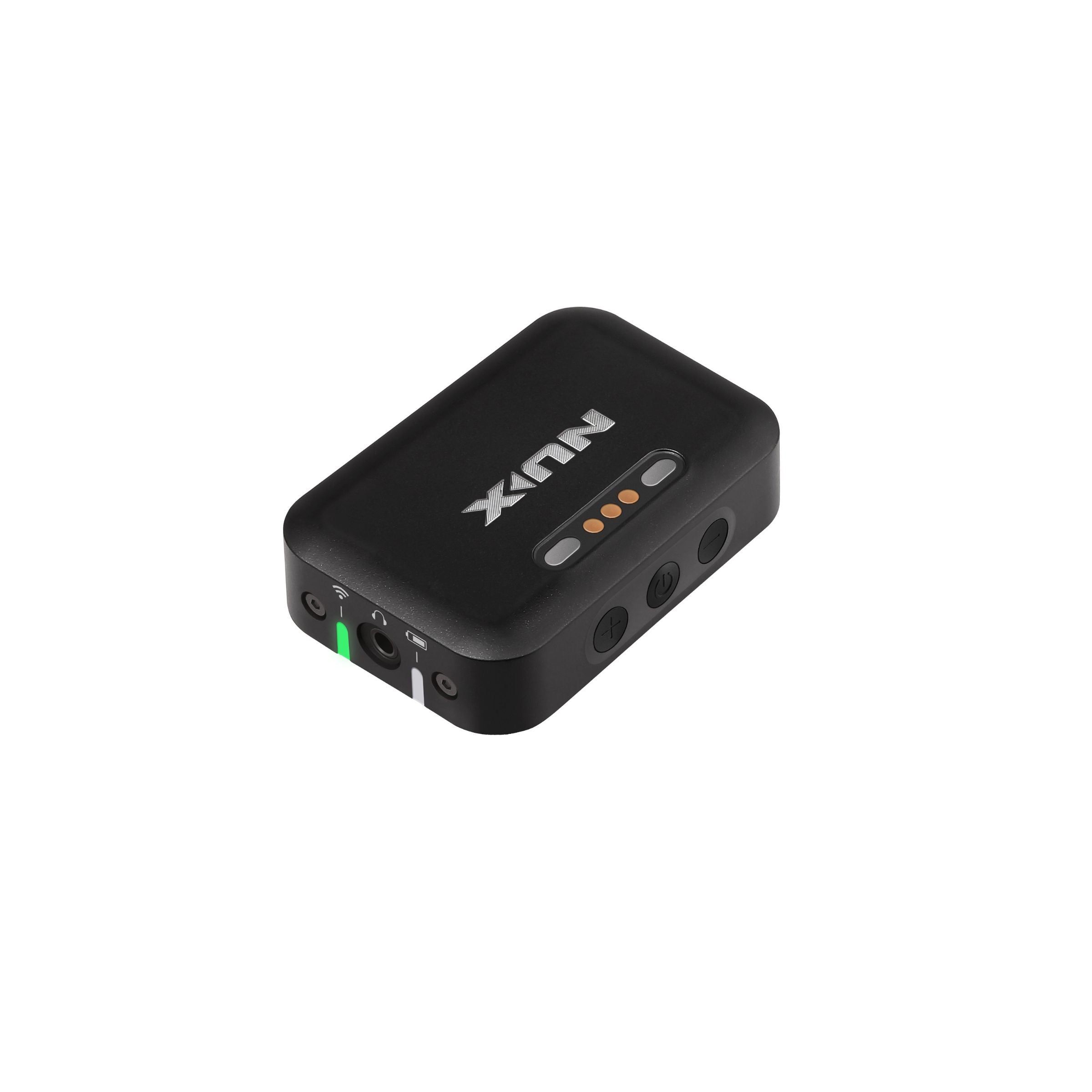 NUX B-7 PRO wireless in-ear monitor receiver with power on indicator, battery indicator, headphone plug, and volume controls.