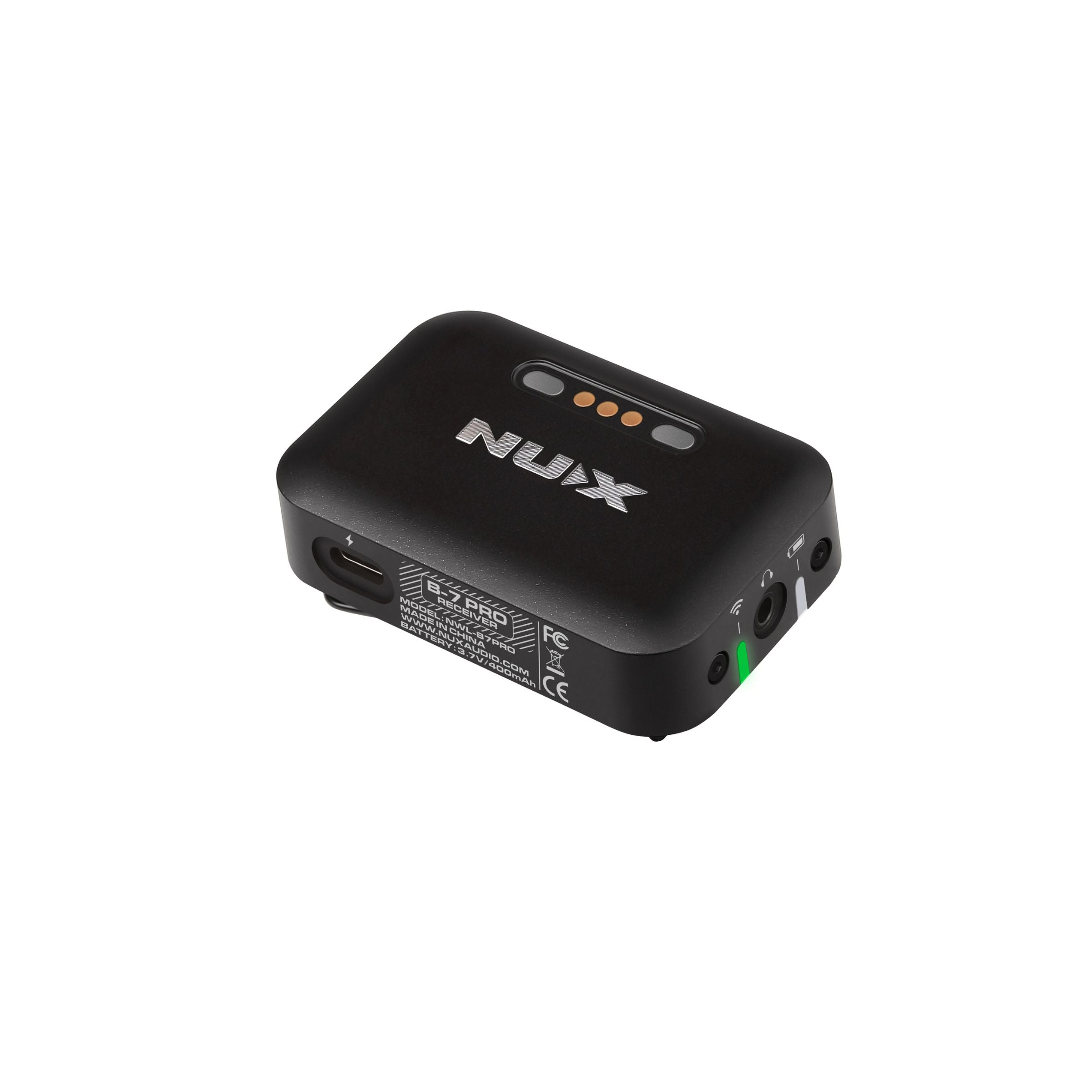 NUX B-7 PRO wireless in-ear monitor receiver showing the back side USB charging port.