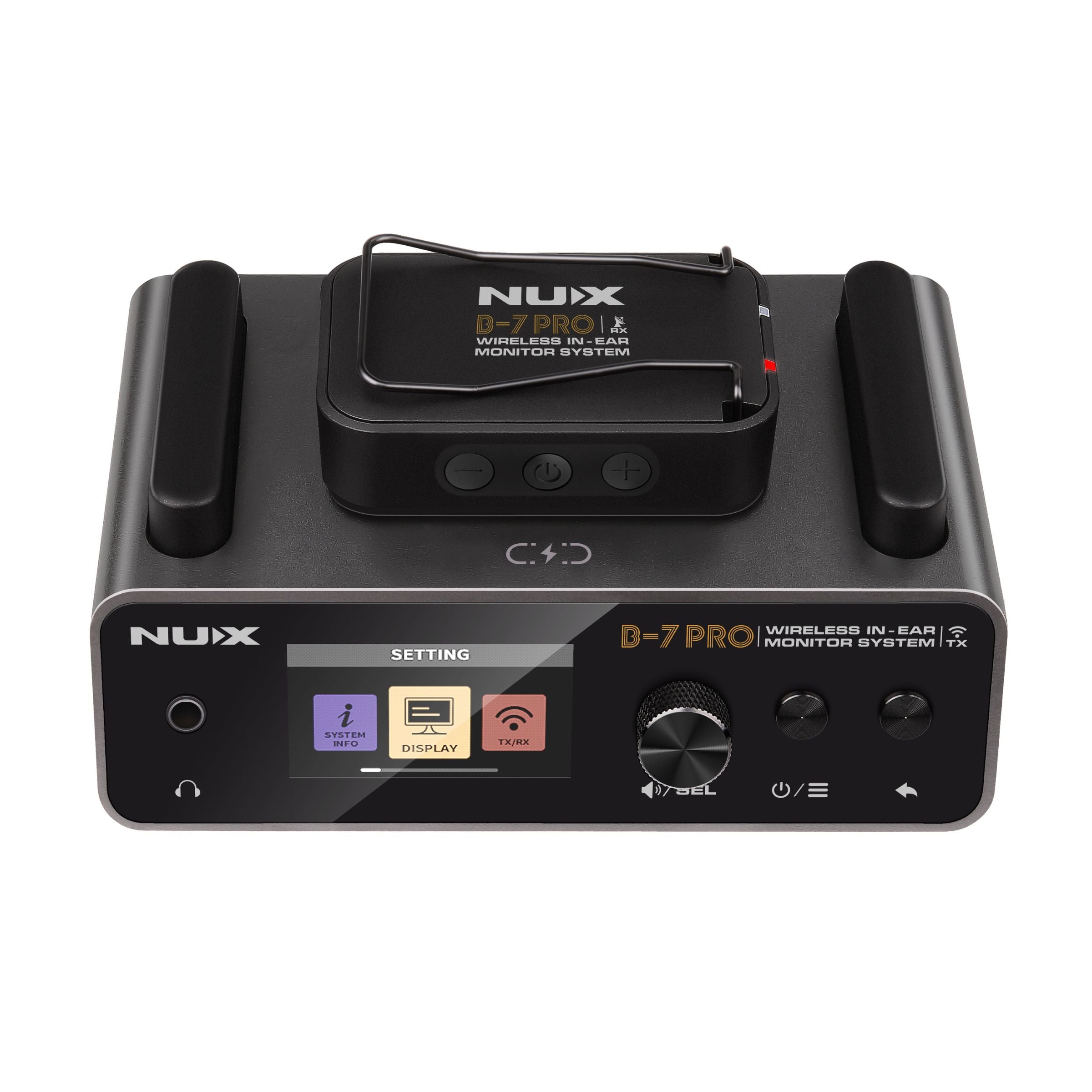 NUX B-7_PRO Wireless in-ear monitor system kit with the receiver magnetically attached on top of the transmitter for quick charging.