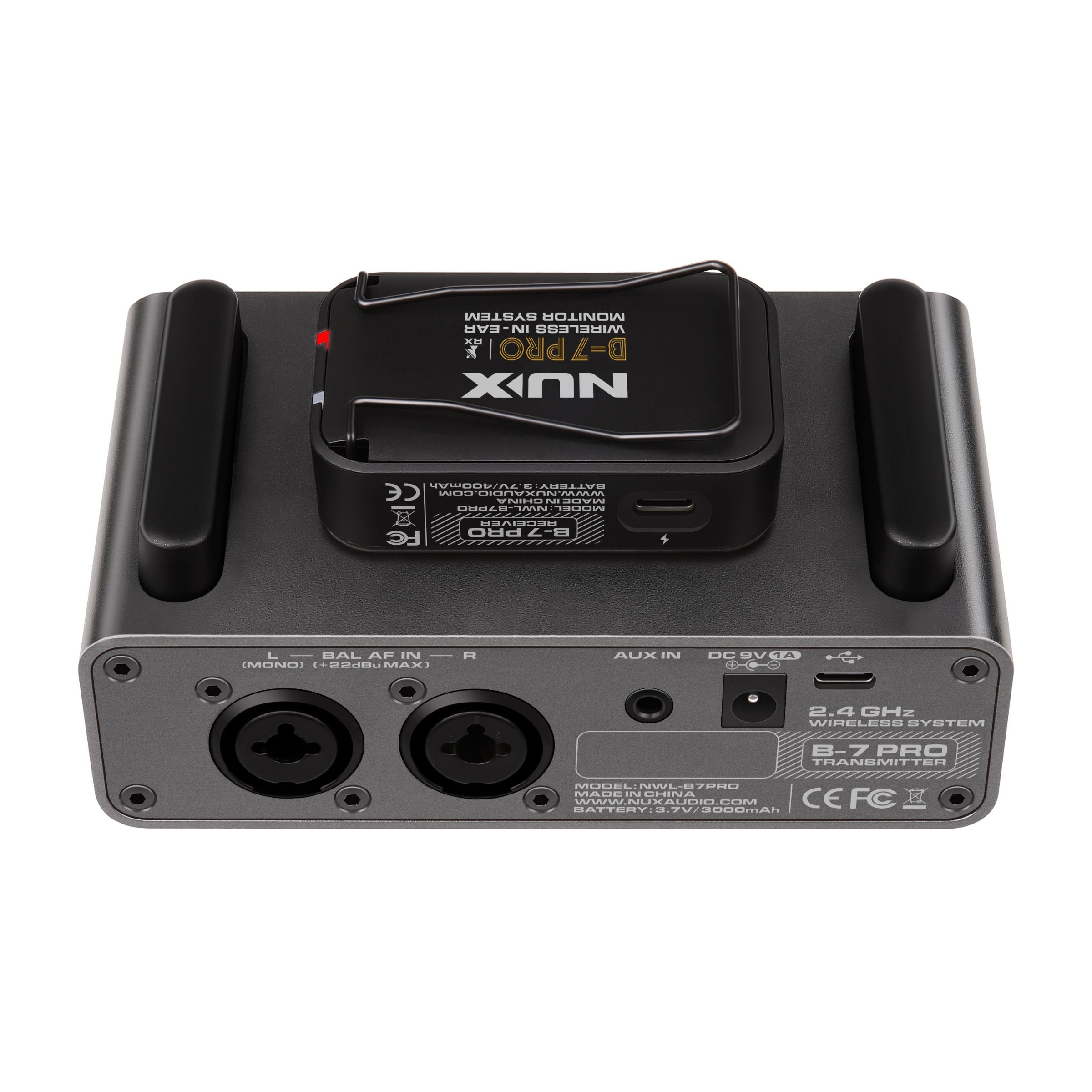 Back side view of NUX B-7 PRO showing separate L and R Bal AF IN, Aux in port DC 9V barrel plug power in, and USB port.