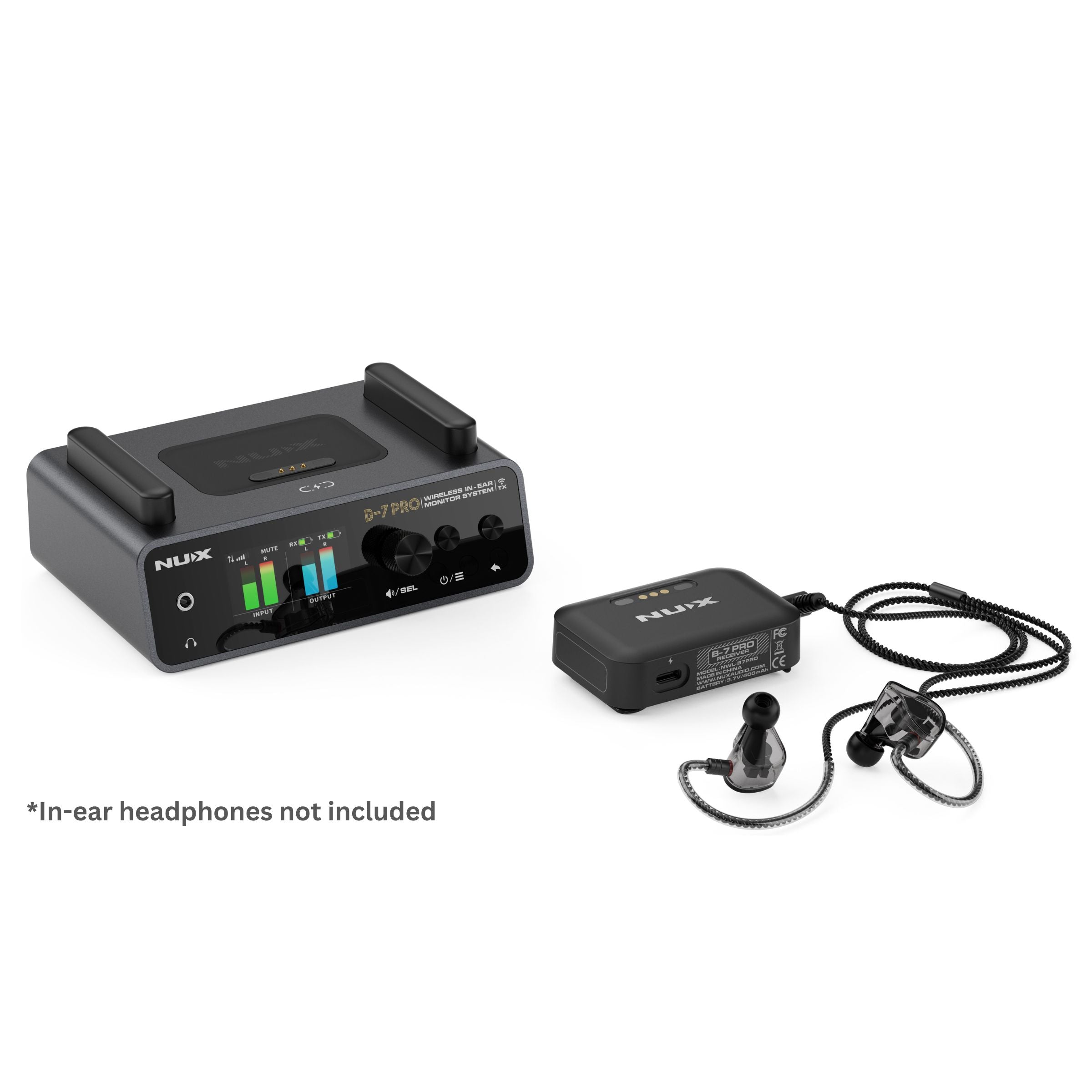 NUX B-7_PRO wireless in-ear monitor system kit with a headphone plugged into the receiver -- note, in-ear headphones not included.
