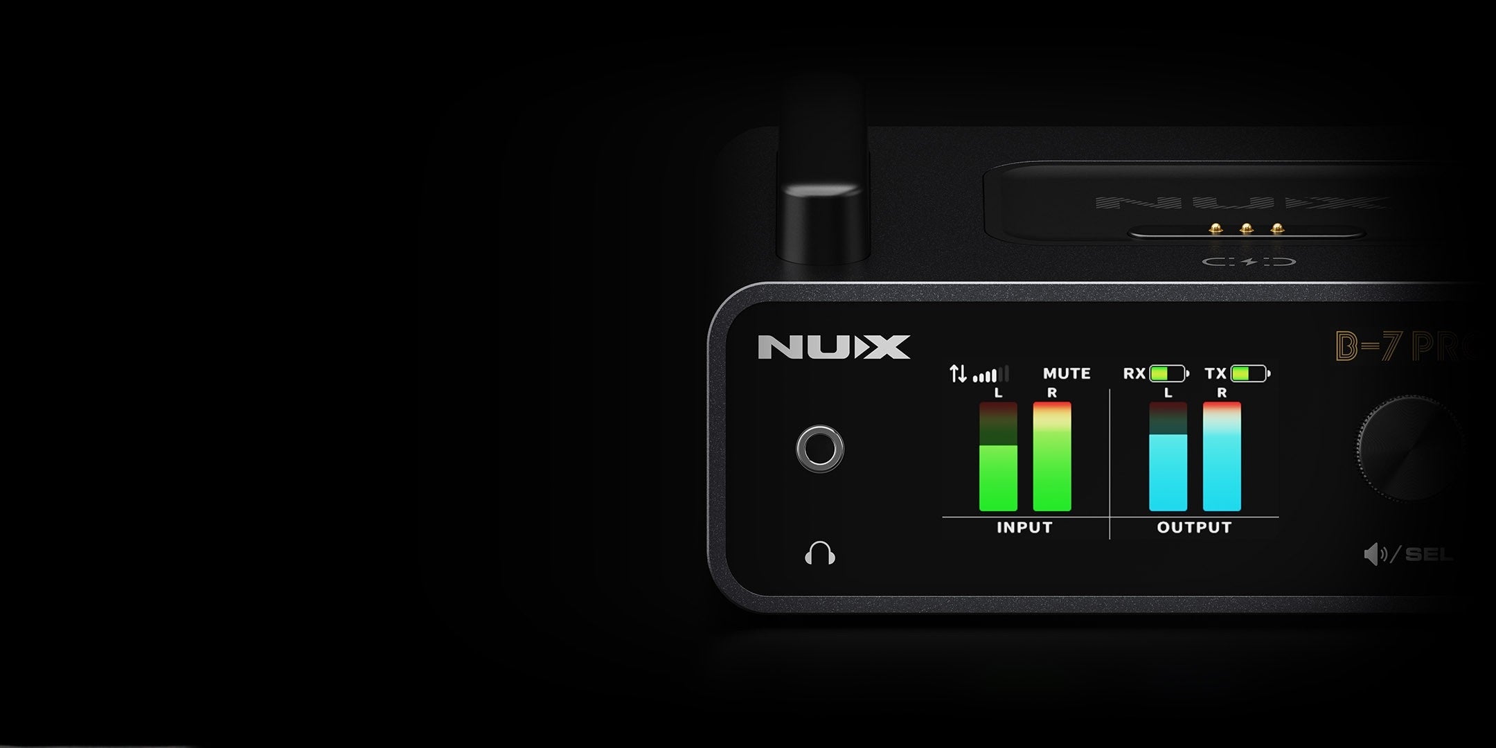 NUX B-7 PRO receiver with LCD screen showing input and output levels.