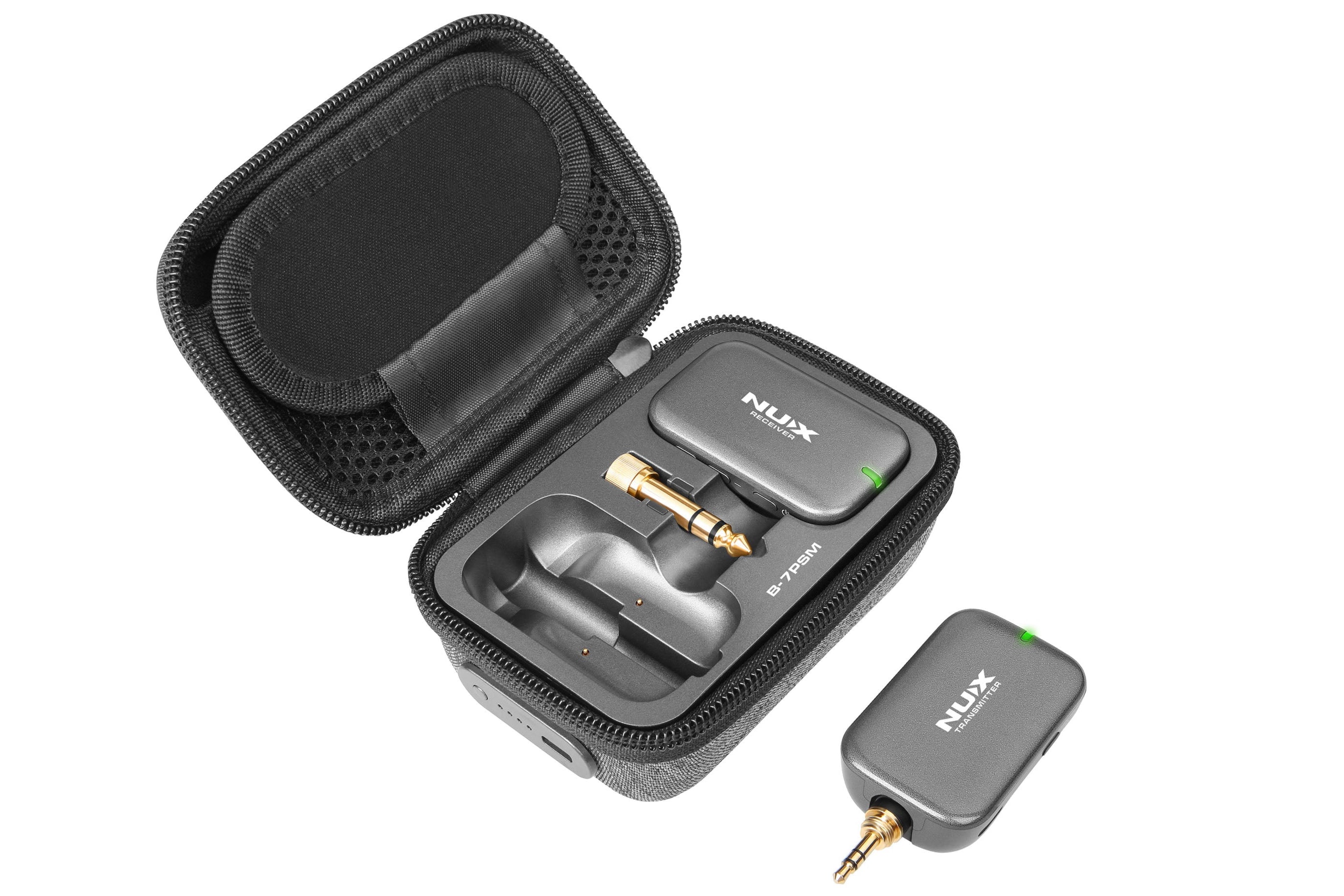 NUX wireless audio transmitter and receiver set with carrying case on a white background